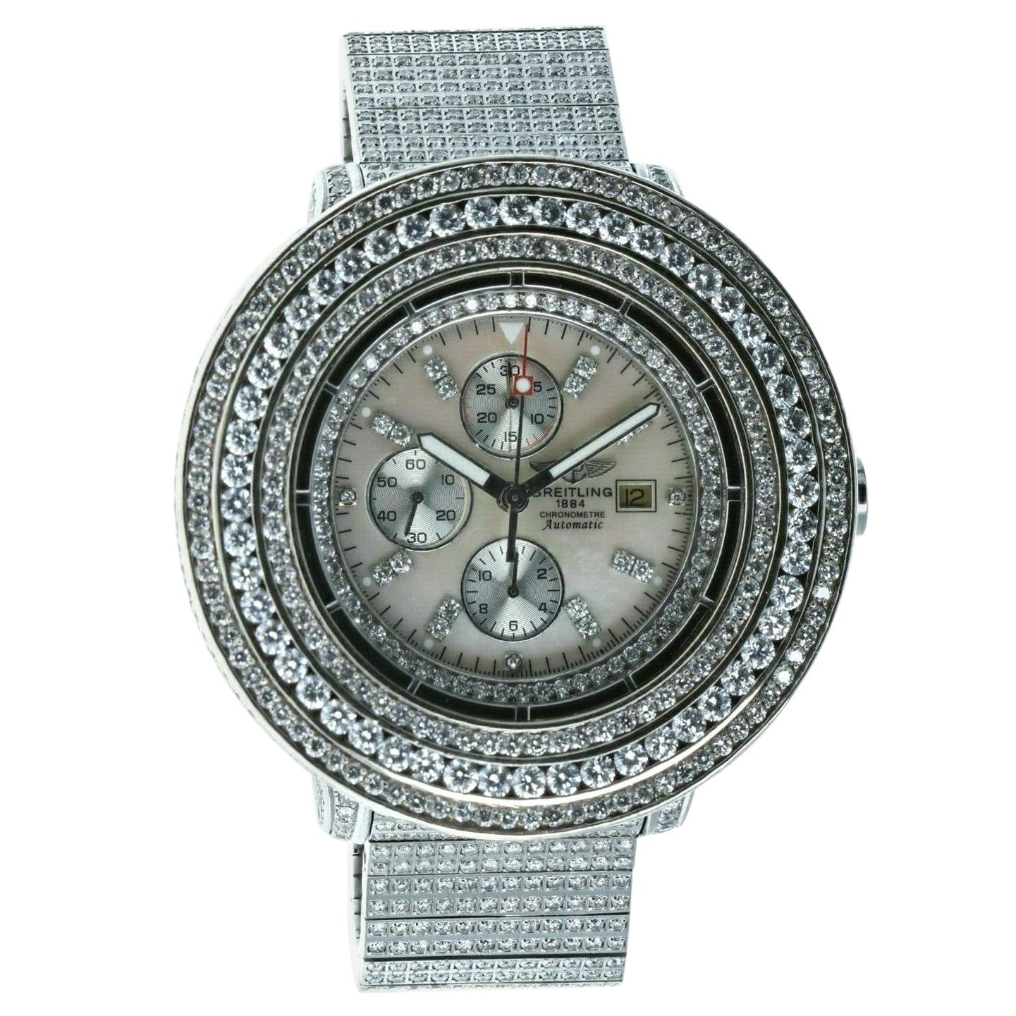 Breitling Super Avenger Black A13370 25.00 ctw Diamond Watch For Sale