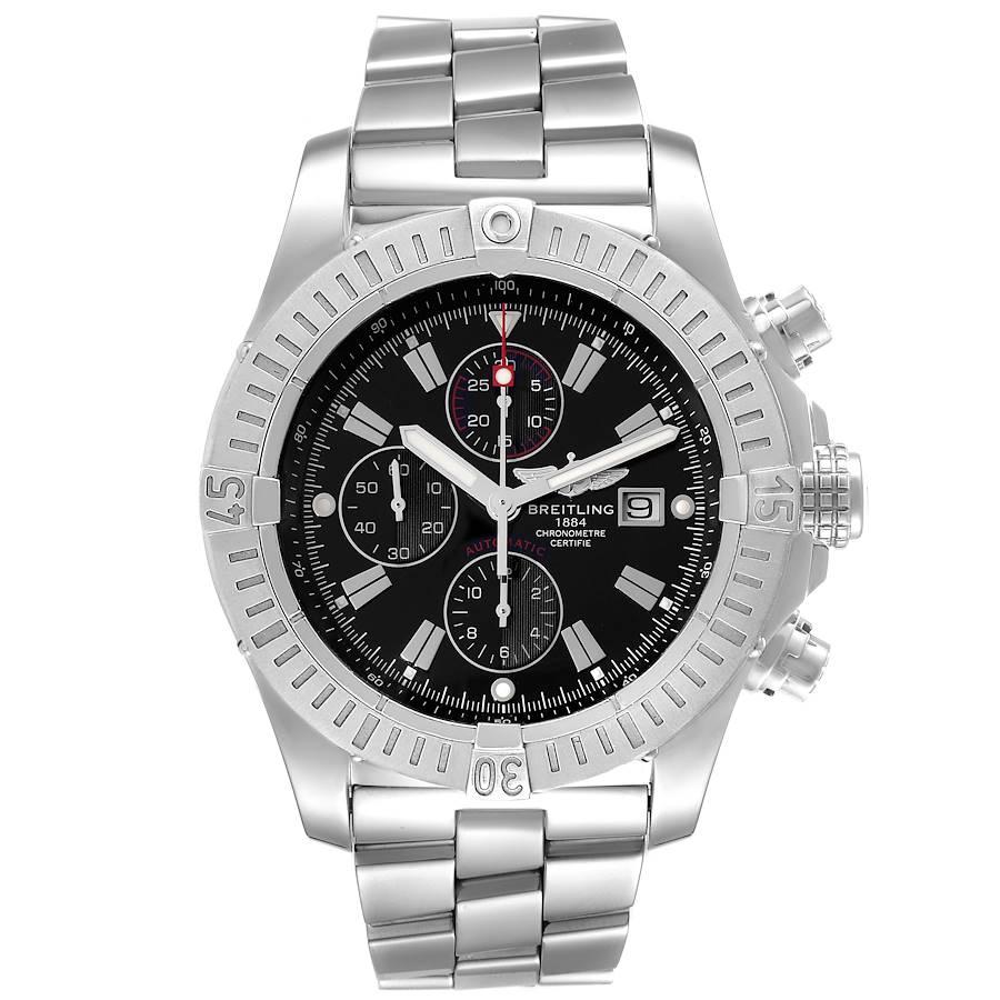 Breitling Super Avenger Black Dial Chronograph Steel Mens Watch A13370 Box Card. Automatic self-winding movement. Chronograph function. Stainless steel case 48.4 mm in diameter with screwed-locked crown and pushers. Stainless steel unidirectional