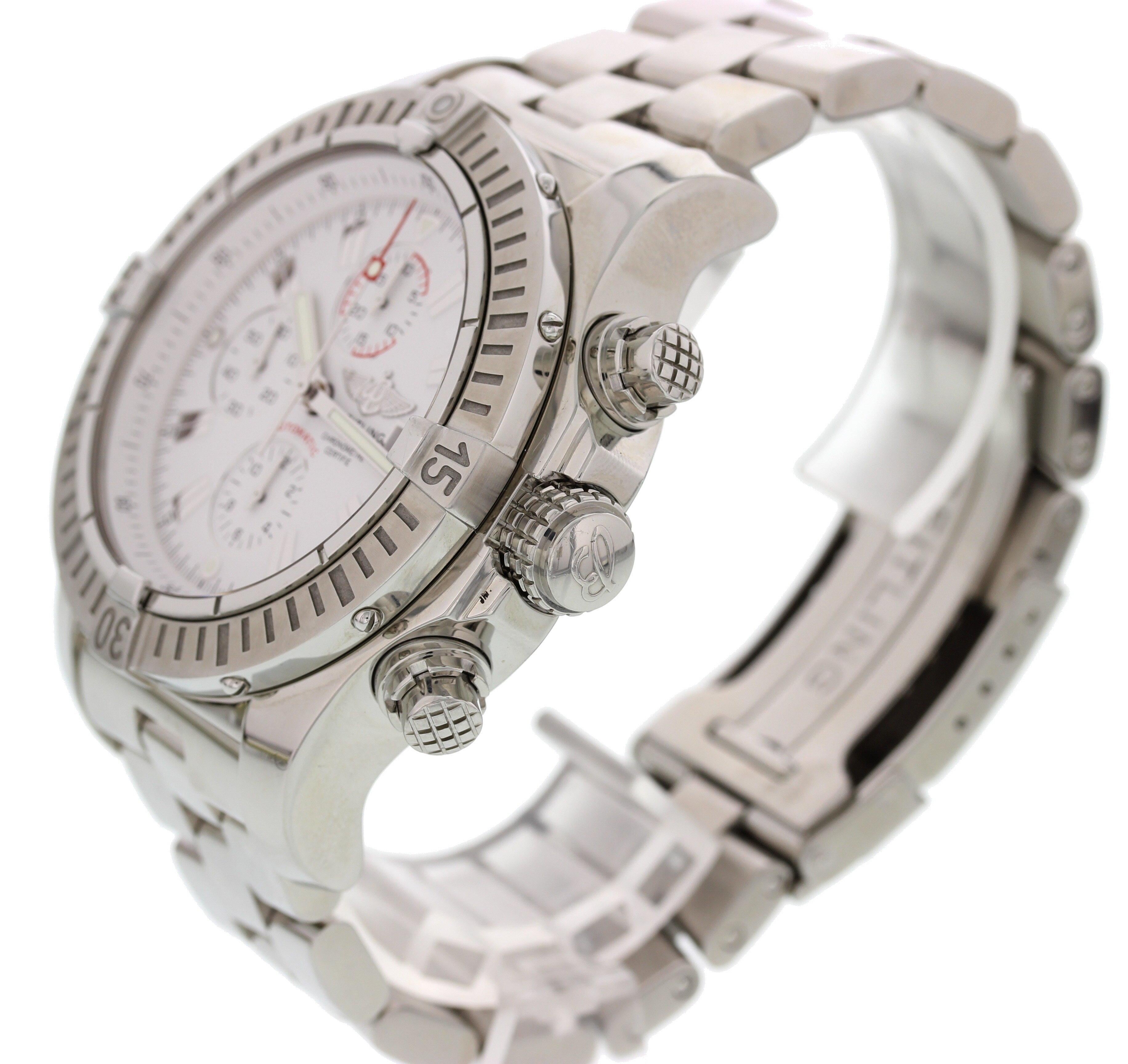 Breitling Super Avenger Chronograph A13370. 48 mm stainless steel case. Stainless steel unidirectional rotating bezel. White dial with date display and luminous hands. Stainless steel bracelet will fit up to 7.5 inch wrist. Automatic movement.