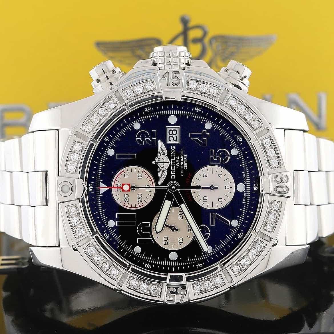 Breitling Super Avenger Chronograph Black Dial 48MM Automatic Stainless Steel Mens Watch with Custom Diamond Bezel A13370

Breitling Super Avenger Automatic Stainless Steel Mens Watch, A13370. Original Breitling 13 automatic movement. Chronograph