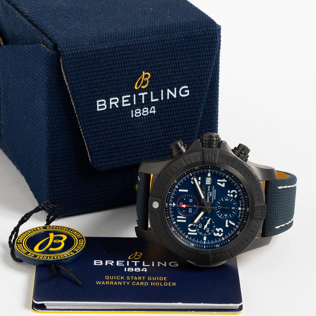 Our Breitling Super Avenger Chronograph Night Mission reference V13375 features a prominent 48mm case black steel with black/ yellow leather / rubber strap with tang buckle. Presented in outstanding condition with only light signs of use, to be