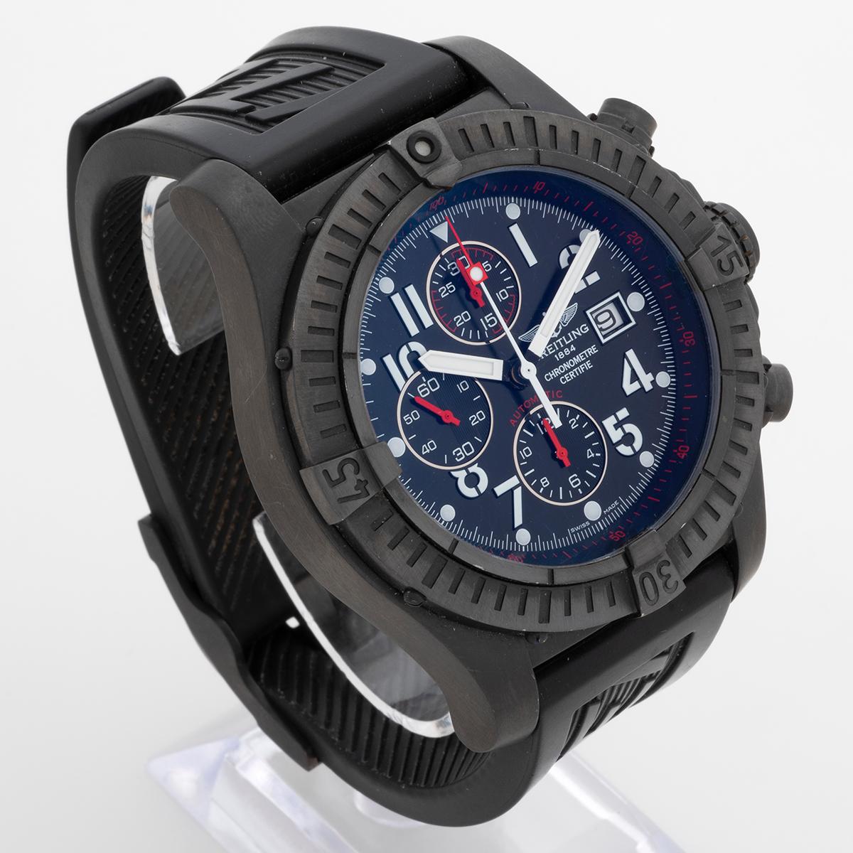 Our distinctive limited edition Breitling Super Avenger Chronograph with date , reference M13370, features a prominent 48.6mm black steel case and is fitted with a Diver Pro rubber strap with black steel tang buckle. Presented in very good condition