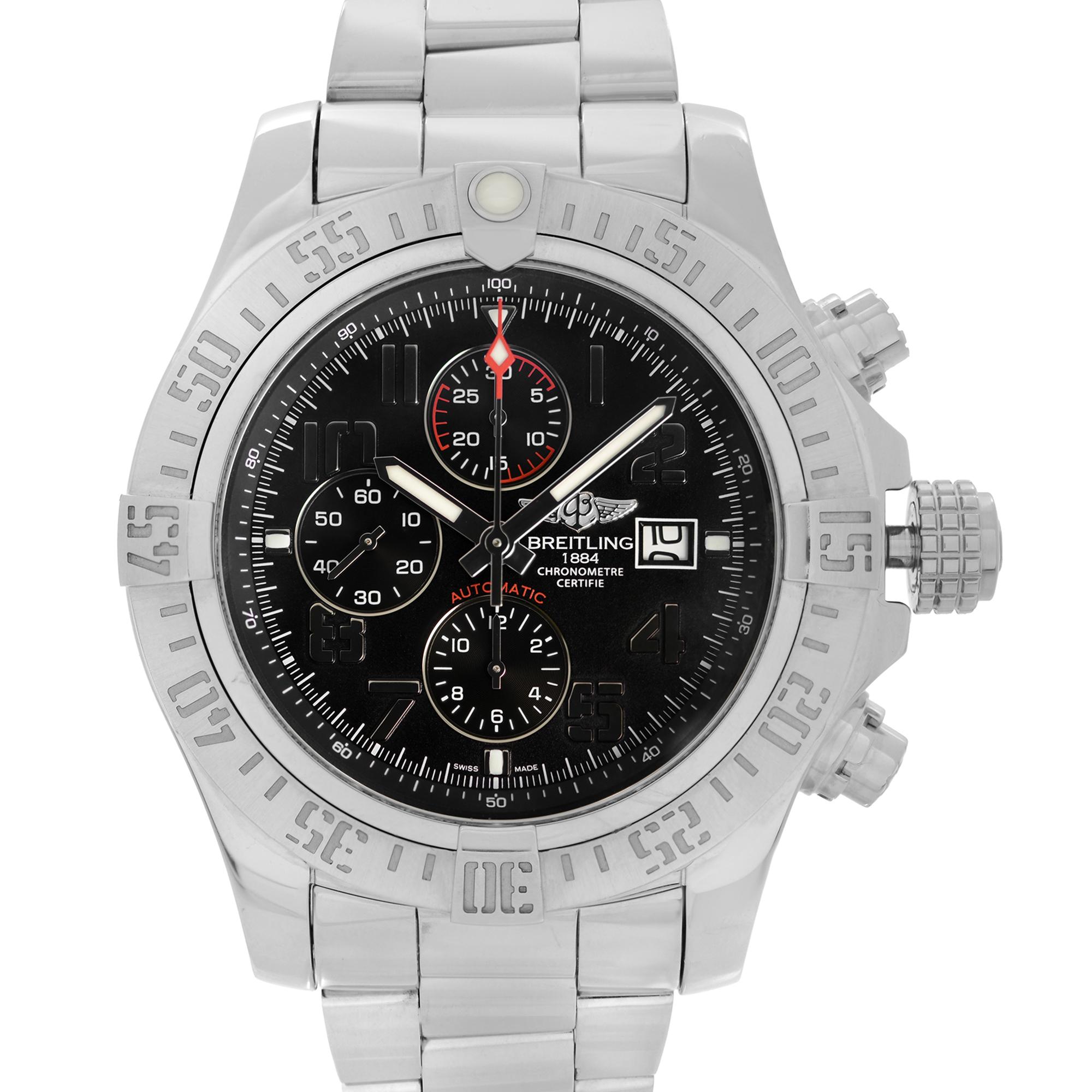 Pre-Owned Breitling Super Avenger II 48mm Chronograph Steel Black Dial Men's Automatic Watch A13371111B2A1. The Timepiece is powered by an Automatic movement. Features: Polished Stainless Steel Case and Steel Bracelet. Unidirectional Rotating Steel