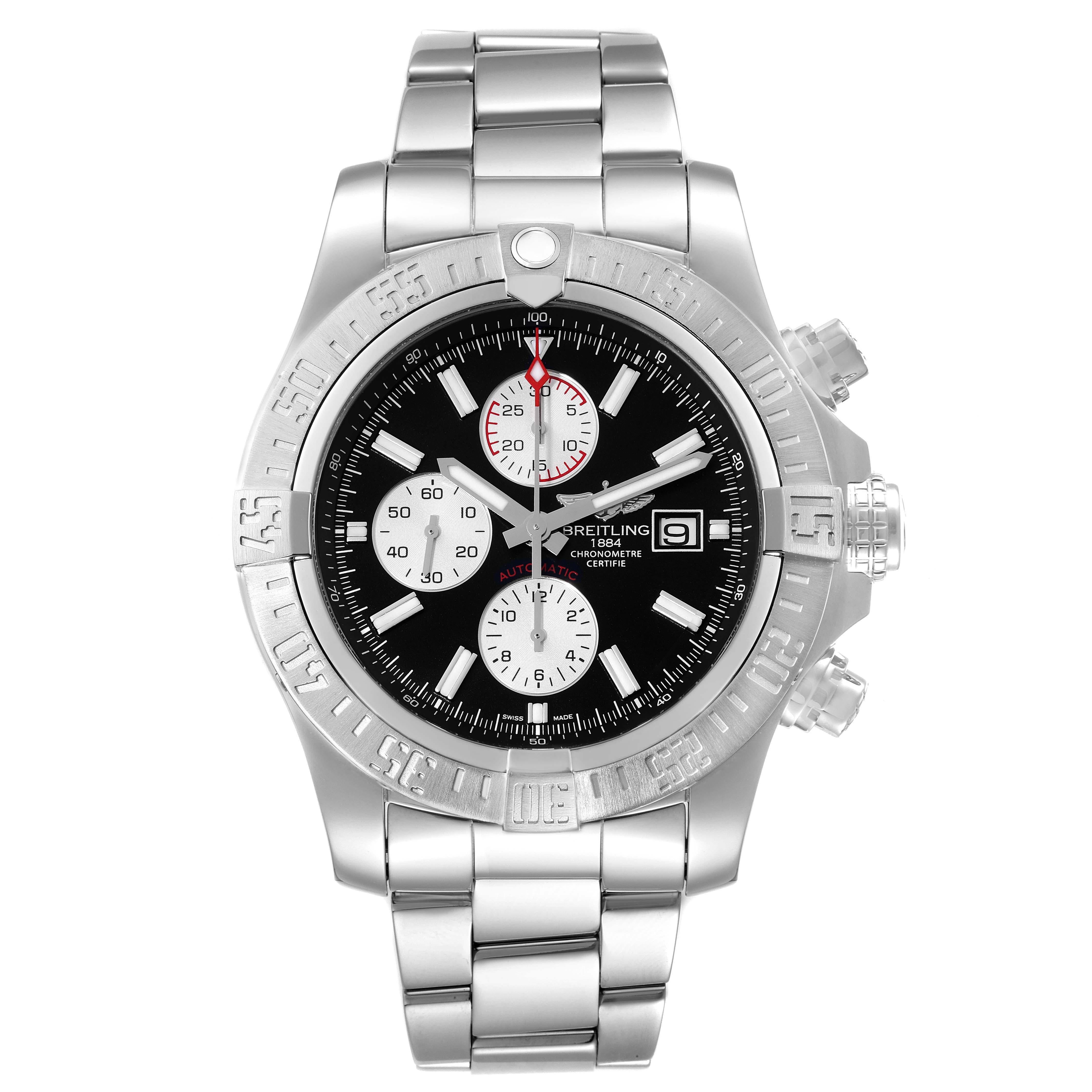 Breitling Super Avenger II Black Dial Steel Mens Watch A13371. Self-winding automatic movement with chronograph function. Stainless steel case 48 mm in diameter with screwed-locked crown and pushers. Case thickness 17.7 mm. Stainless steel