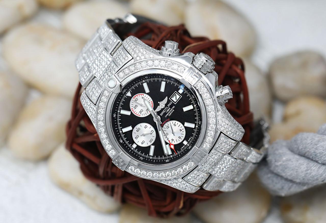 Breitling Super Avenger II Chronograph 48mm Black Dial Fully Iced Out Luxury Men's Watch A13371

Polished stainless steel 48mm case with stainless steel crown and pushers. Brushed stainless steel bezel with etched minute markers. Black colored dial