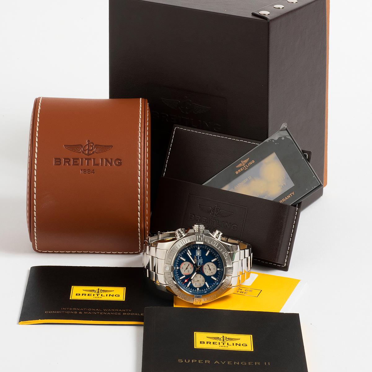 Our Breitling Super Avenger II Chronograph, reference A13371 , features a prominent stainless steel 48mm case, unusual blue dial with white subdials and a stainless steel bracelet. This attractive sports chronograph is presented in outstanding