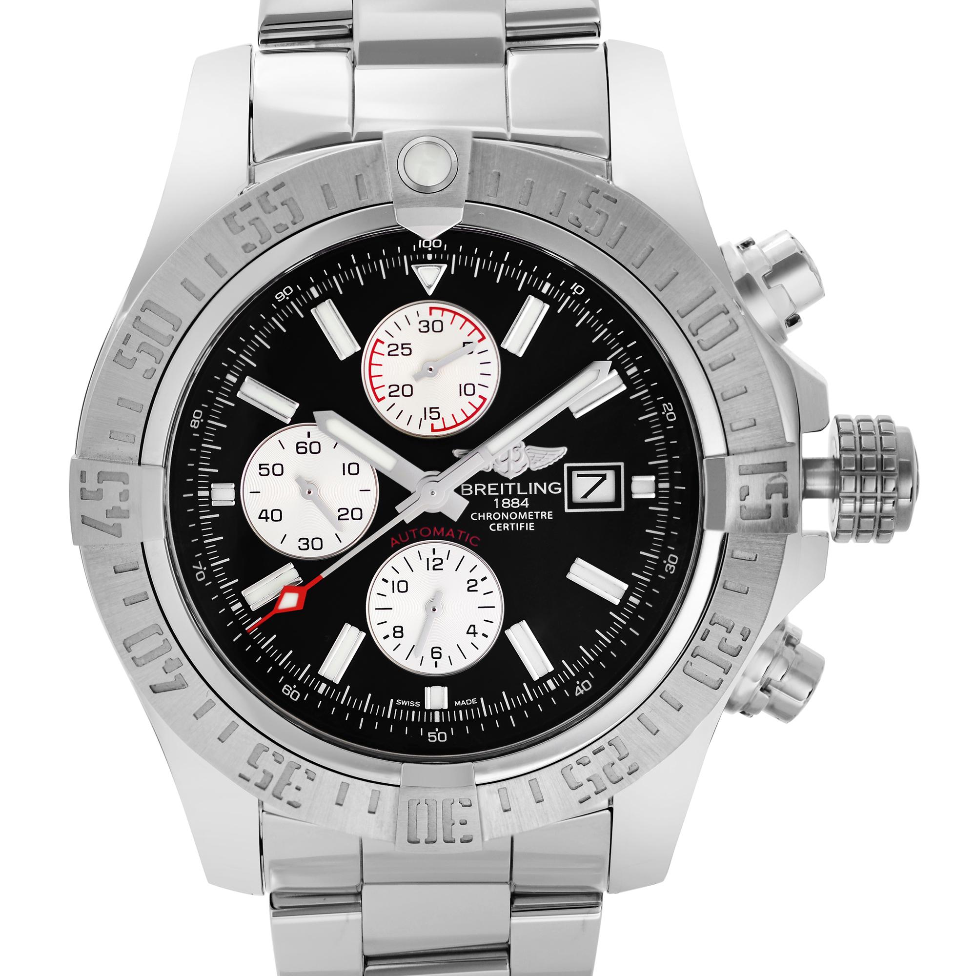 Unworn Breitling Super Avenger II Steel Black Dial Automatic Mens Watch. This Beautiful Timepiece Features: Stainless Steel Case with a Stainless Steel Bracelet, Rotating Stainless Steel Bezel, Black Dial with Index Hour Markers. Original Box and