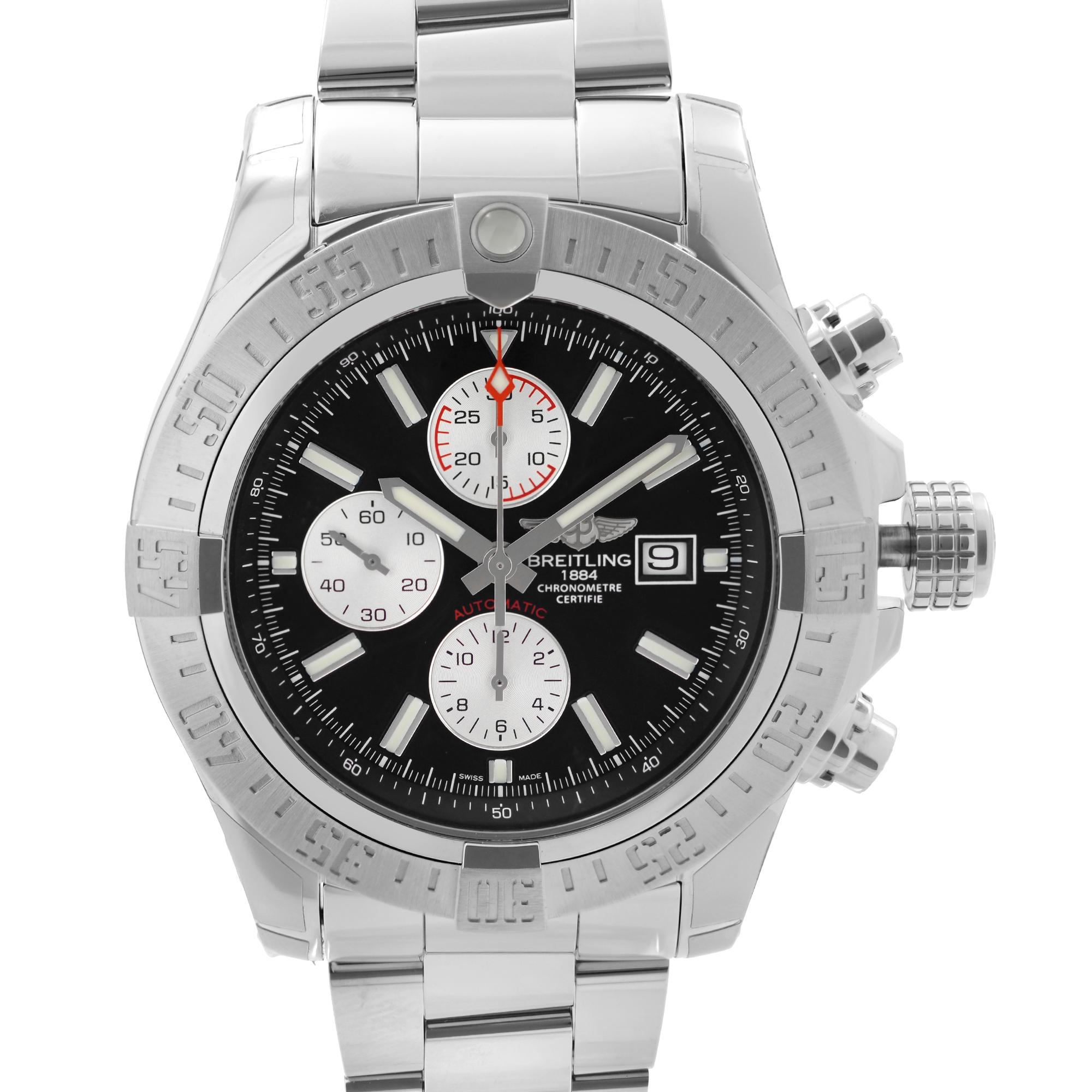 Unworn Breitling Super Avenger II Stainless Steel 49mm Chronograph Black Dial Men's Automatic Watch A13371111B1A1. The Timepiece is powered by an Automatic movement. Features: Polished Stainless Steel Case and Steel Bracelet. Unidirectional Rotating