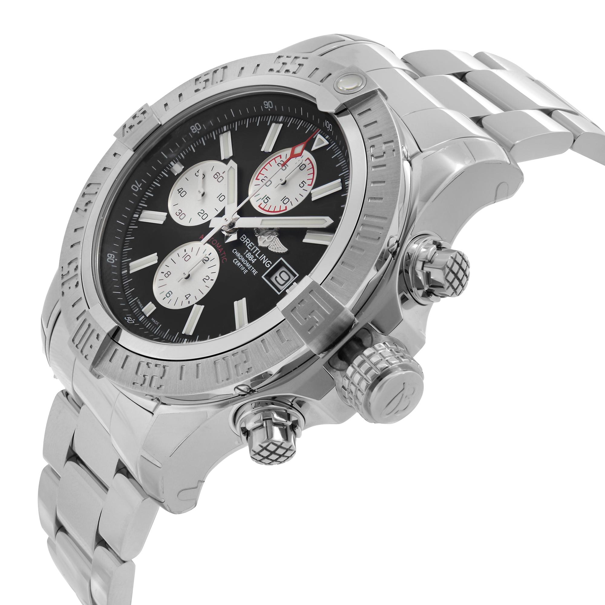 Breitling Super Avenger II Steel Chronograph Black Dial Mens Watch A13371111B1A1 In New Condition In New York, NY