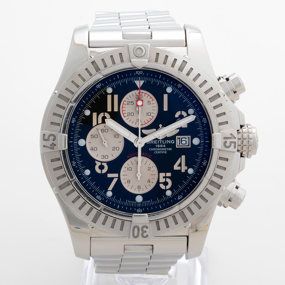 Our Breitling Super Avenger automatic chronograph with date features a prominent 48mm stainless steel case, black dial and stainless steel bracelet. Instantly recognisable, our Breitling is presented in outstanding condition and comes as a complete