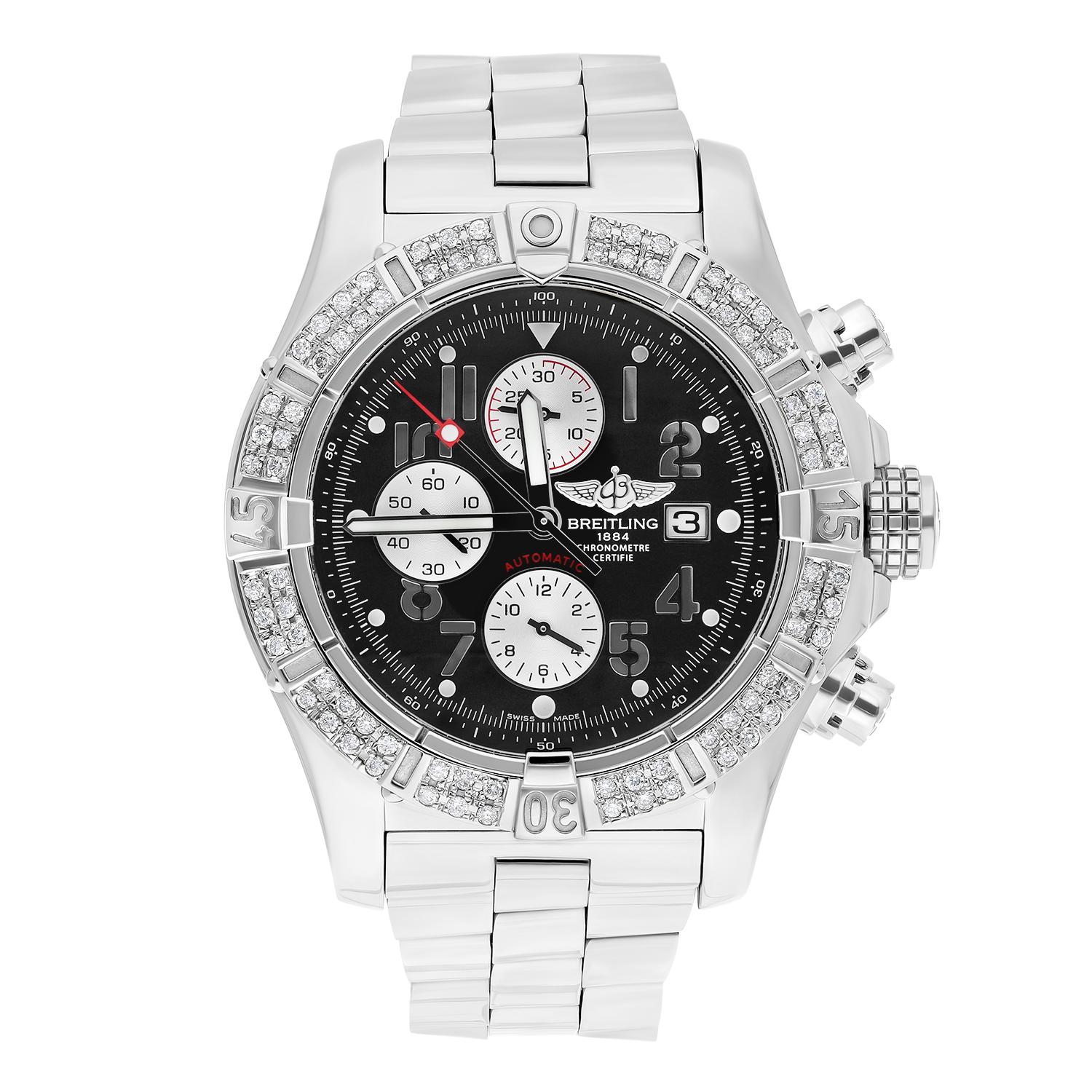 Brand: Breitling
Series: Super Avenger
Model: A13370
Case Diameter: 48 mm
Bracelet: Stainless steel
Bezel: Custom diamond set
Dial: Black dial
The sale includes a jewelry watch box and an appraisal certificate which states the watch's