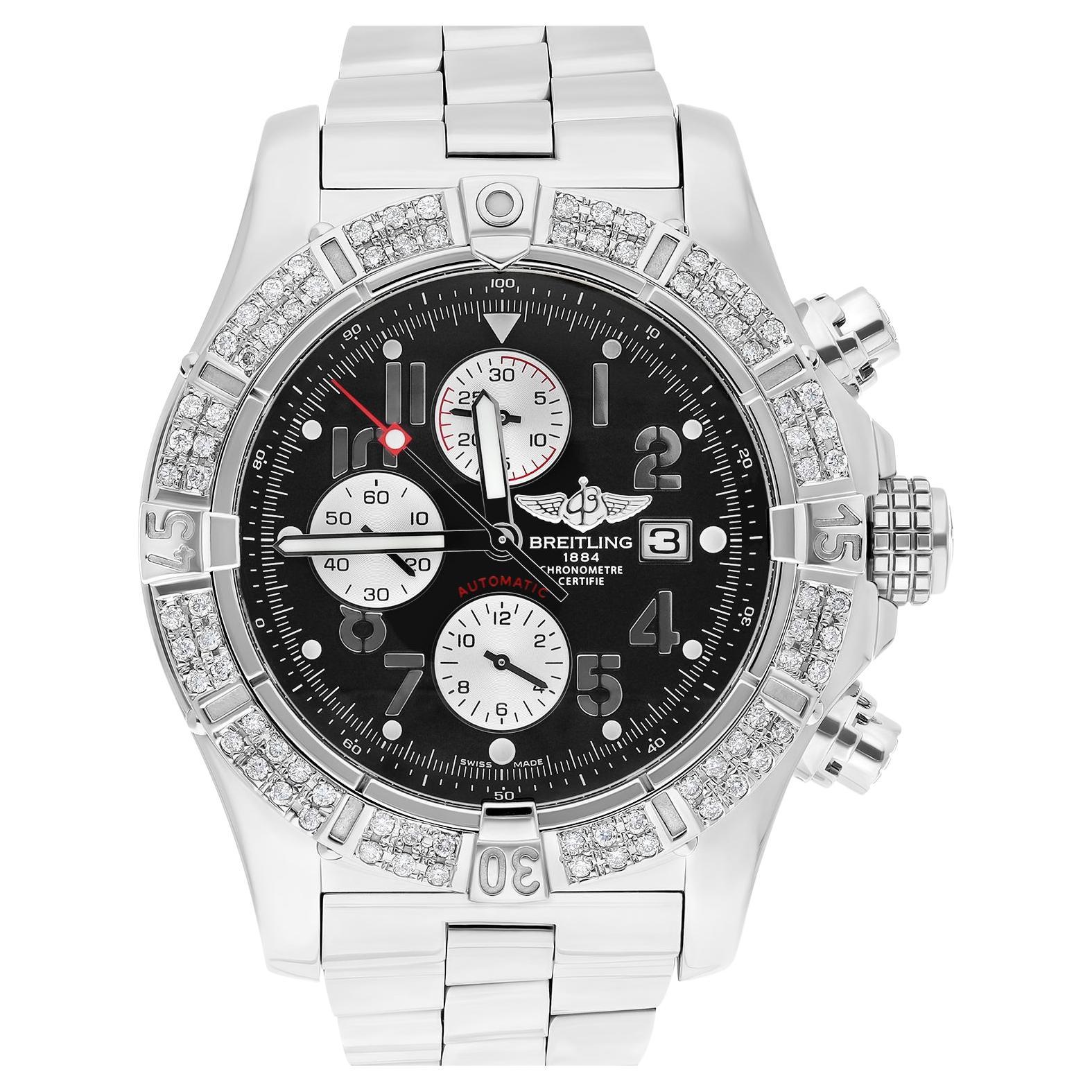 Breitling Super Avenger SS Chronograph Black Arabic 48mm Diamond Bezel A13370 For Sale