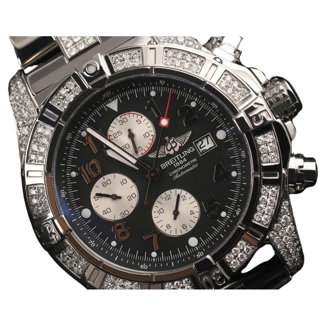 Breitling Super Avenger SS Chronographe noir avec cadran serti de diamants A13370 en vente