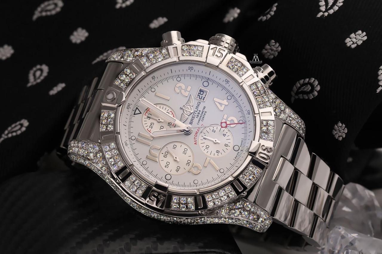 Breitling Super Avenger SS Chronograph White Dial Diamond Set Case A13370 In Excellent Condition For Sale In New York, NY