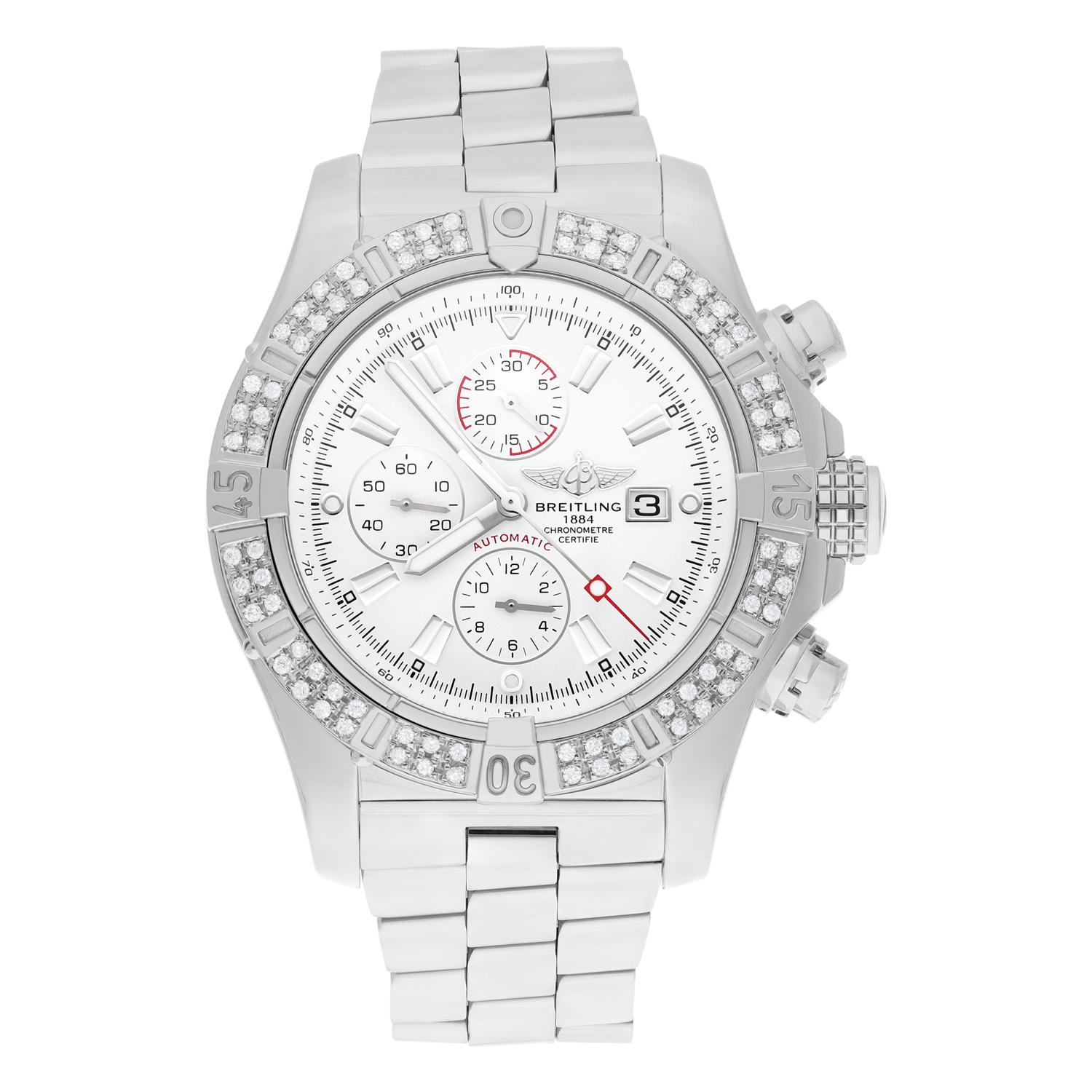 Brand: Breitling Series: Super Avenger Model: A13370 Case Diameter: 48 mm Bracelet: Stainless steel Bezel: Custom diamond set Dial: White dial The sale includes a jewelry watch box and an appraisal certificate which states the watch's credentials
