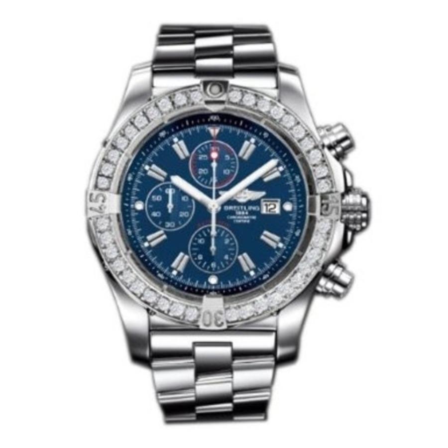 The Breitling Aeromarine Super Avenger A13370 Diamond bezel, 3.20 CT features a 48.40mm stainless steel case screwed in back as well as a screw-locked crown alongside two gaskets. This hand crafted timepiece also features a ratcheted unidirectional