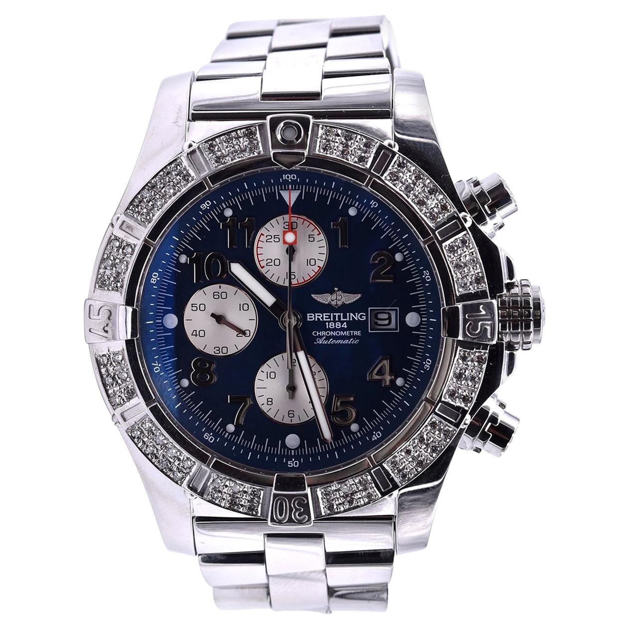 Breitling Super Avenger Stainless Steel with Custom Diamond Bezel Watch Ref. A13