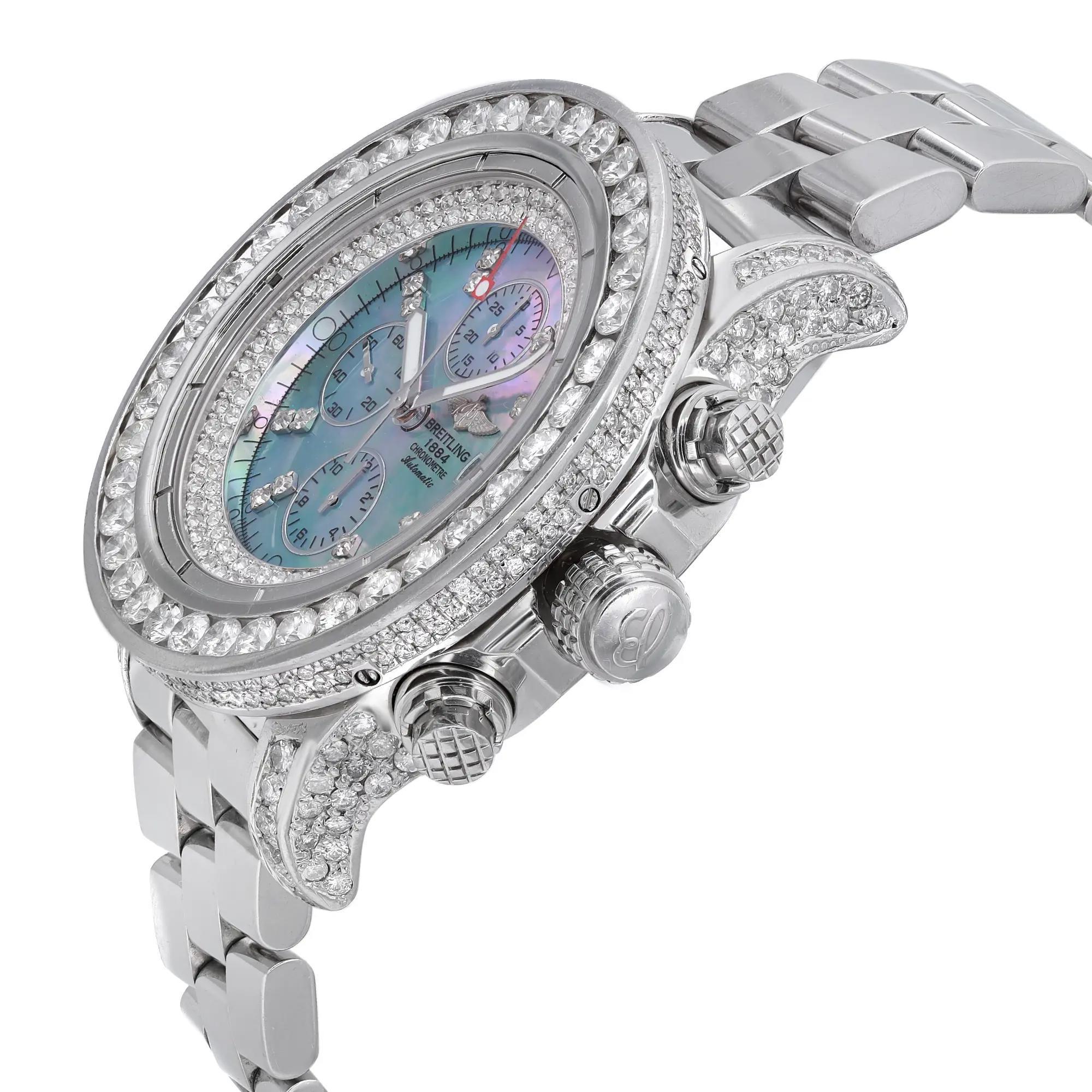Breitling Super Avenger Stahl Automatikuhr für Herren, maßgefertigtes blaues MOP-Zifferblatt A13370 im Zustand „Gut“ in New York, NY