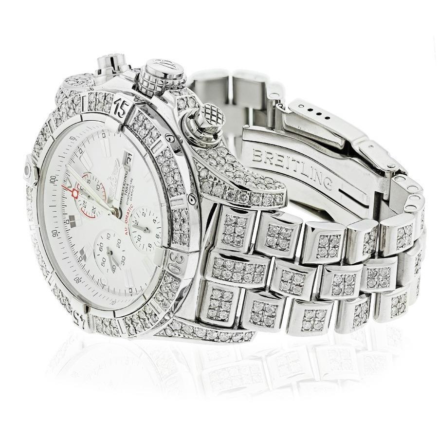 Prestige Breitling Super Avenger A13370 stainless steel watch. Diamond bracelet, case, and bezel, total of 15ct. White dial with silver sticks, chronograph, date, and water resistance of over 100m. ADDING INNER RING - AND DIAMOND CROWN