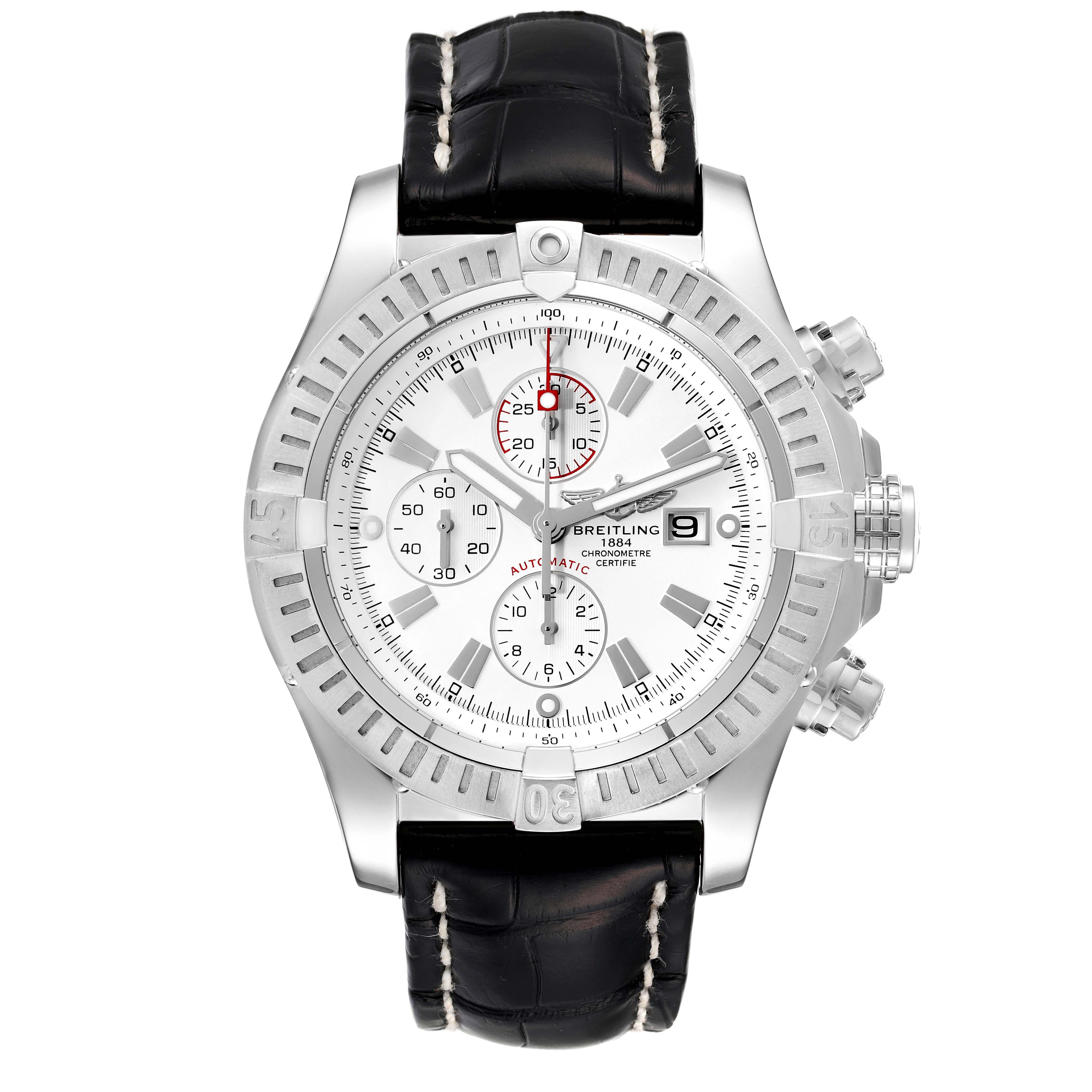 Breitling Super Avenger White Dial Chronograph Steel Mens Watch A13370. Automatic self-winding movement. Chronograph function. Stainless steel case 48.4 mm in diameter with screwed-locked crown and pushers. Stainless steel unidirectional rotating