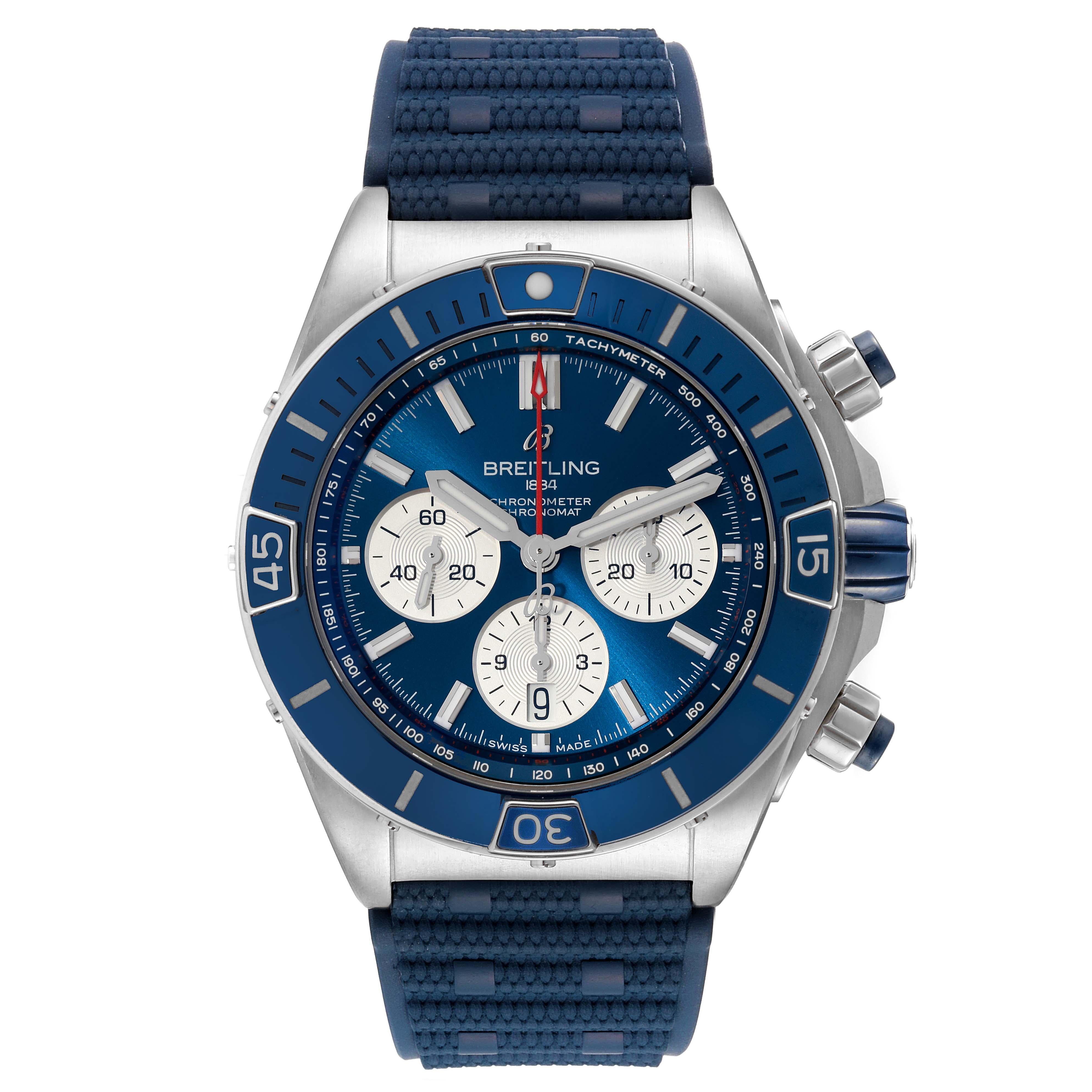 Breitling Super Chronomat B01 Blue Dial Steel Mens Watch AB0136 Box Card. Self-winding automatic officially certified chronometer movement. Chronograph function. Stainless steel case 44.0 mm in diameter with screwed down crown and pushers. GMT