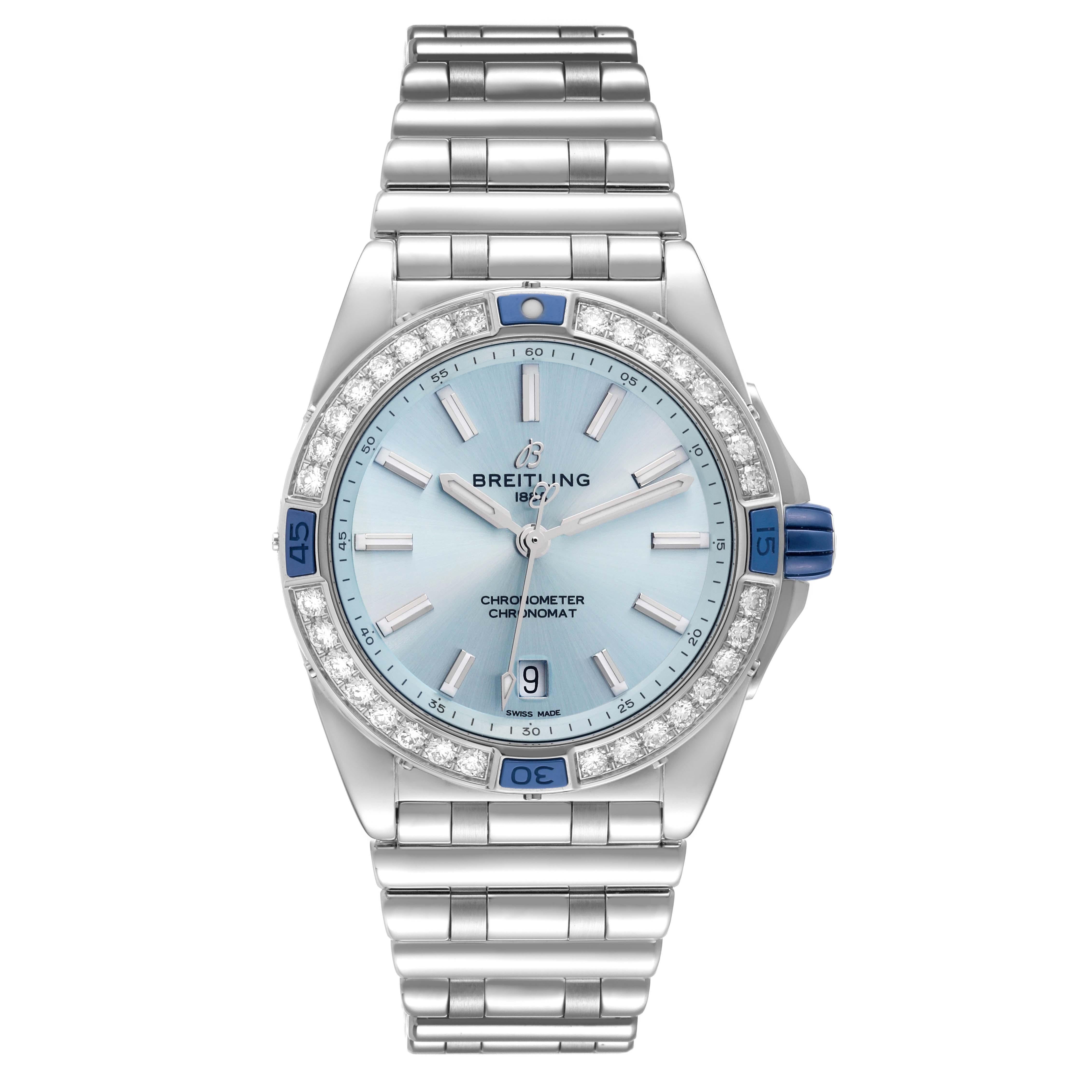 Breitling Super Chronomat Blue Dial Steel Diamond Ladies Watch A17356 Box Card. Automatic self-winding mechanical movement. Stainless steel case 38.0 mm in diameter. Original Breitling factory unidirectional rotating diamond bezel. Four 15 minute