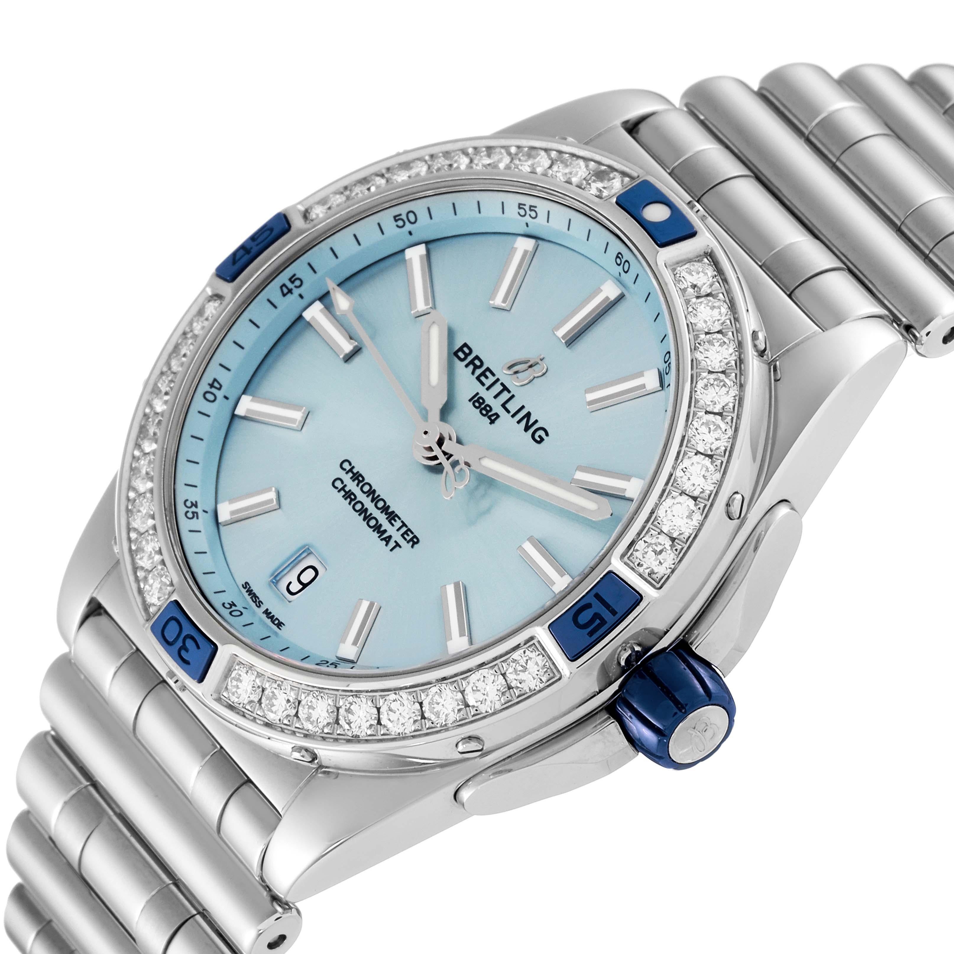 Women's Breitling Super Chronomat Blue Dial Steel Diamond Ladies Watch A17356 Box Card