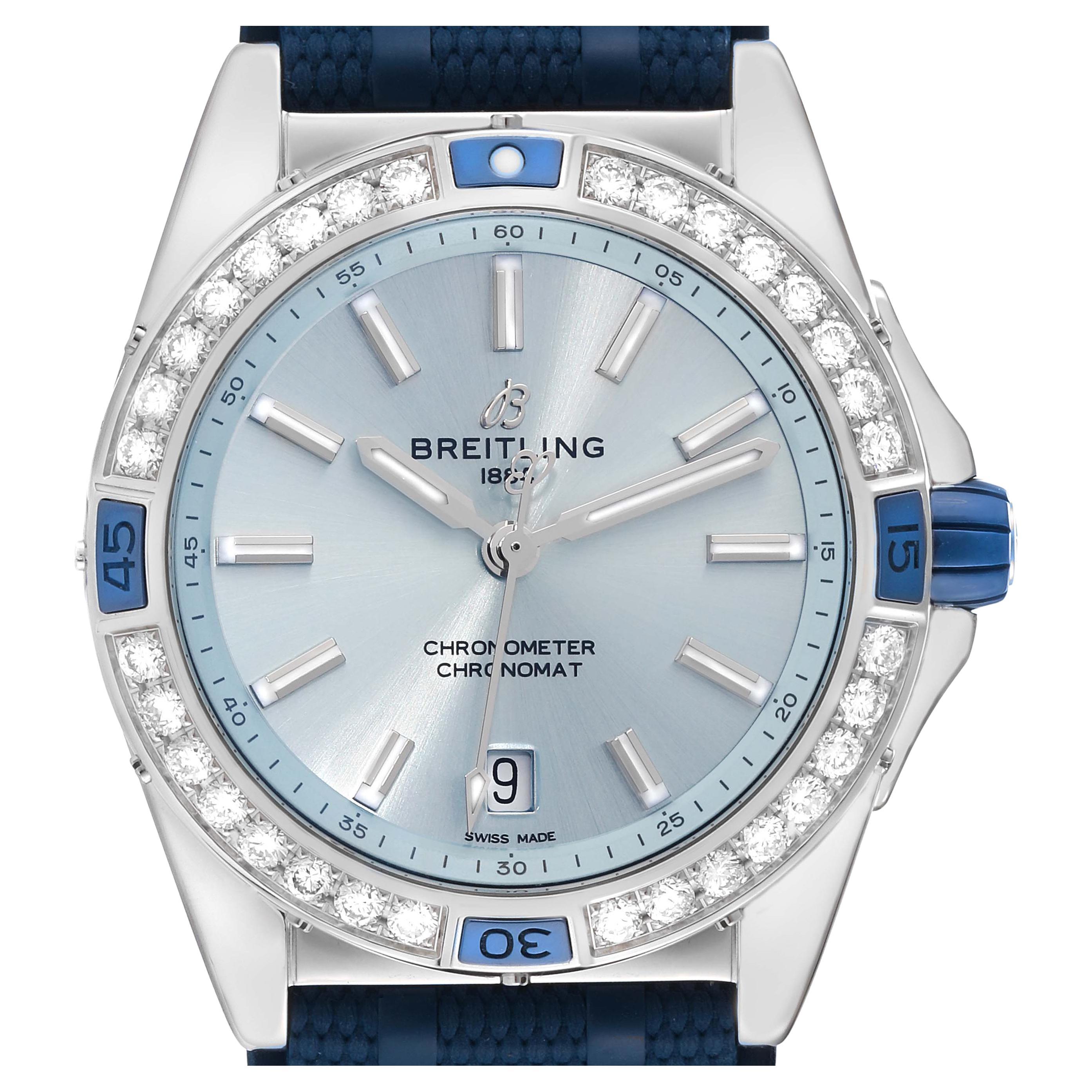 Breitling Super Chronomat Blue Dial Steel Diamond Ladies Watch A17356 Box Card