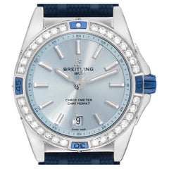 Breitling Super Chronomat Blue Dial Steel Diamond Ladies Watch A17356 Box Card