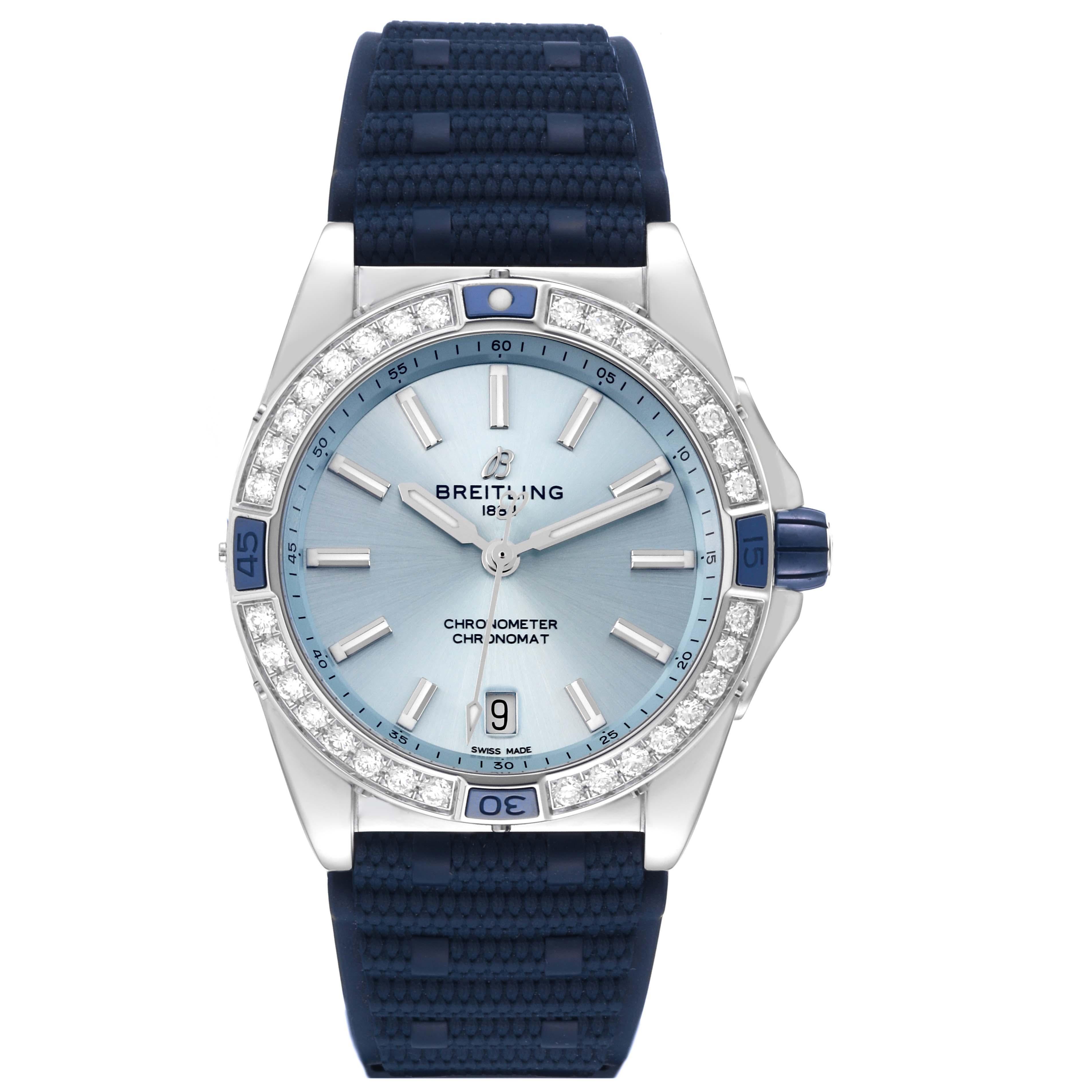 Women's Breitling Super Chronomat Blue Dial Steel Diamond Ladies Watch A17356 Unworn