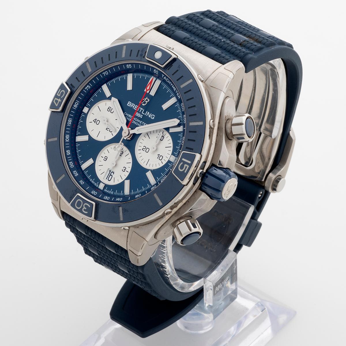 Breitling Super Chronomat Chronograph / 44, Ref B01 AB0136. Blue Bezel, 2022. In Excellent Condition In Canterbury, England