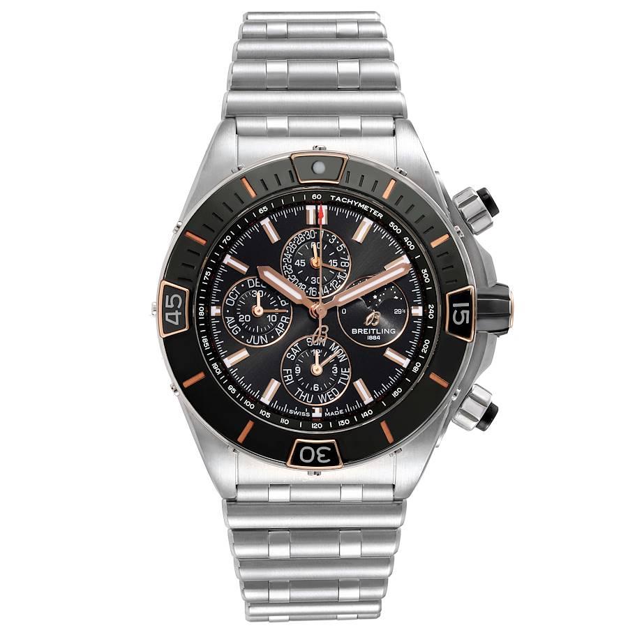 Breitling Super Chronomat Four Year Calendar Steel Watch I19320 Box Card. Self-winding automatic officially certified chronometer movement. Chronograph function. Annual calendar that requires adjusting just once every leap year. Stainless steel case