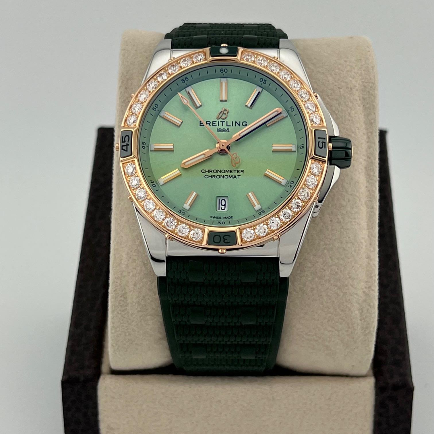 Breitling Super Chronomat U17356 38mm Quadrante Verde Menta 18k Acciaio Box Paper in vendita 6