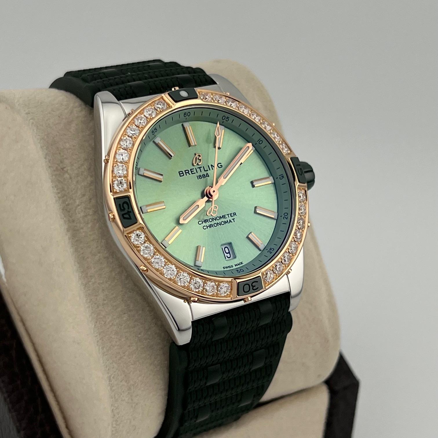 Breitling Super Chronomat U17356 38mm Quadrante Verde Menta 18k Acciaio Box Paper in vendita 7