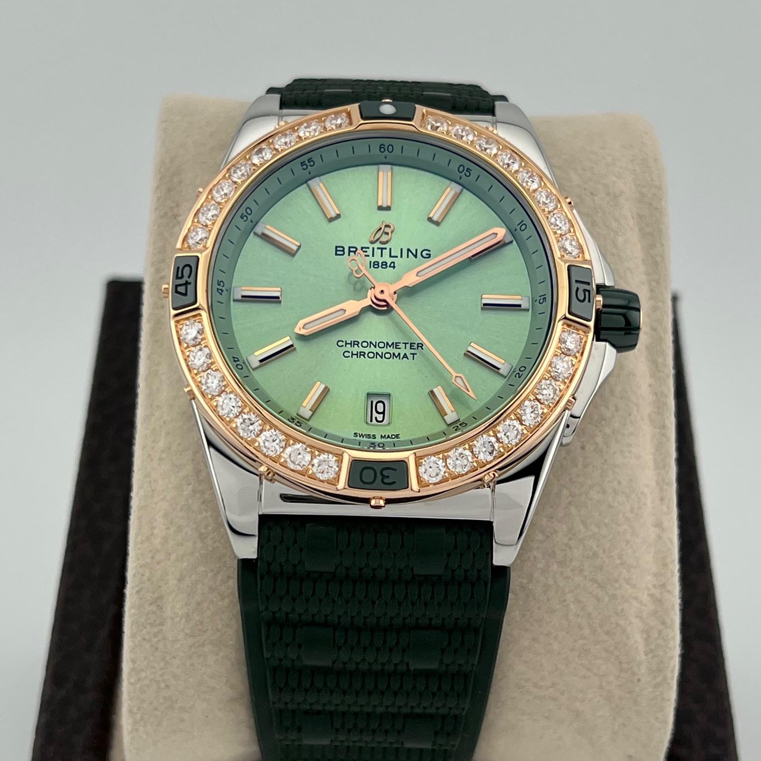 Breitling Super Chronomat U17356 38mm Quadrante Verde Menta 18k Acciaio Box Paper in vendita 8
