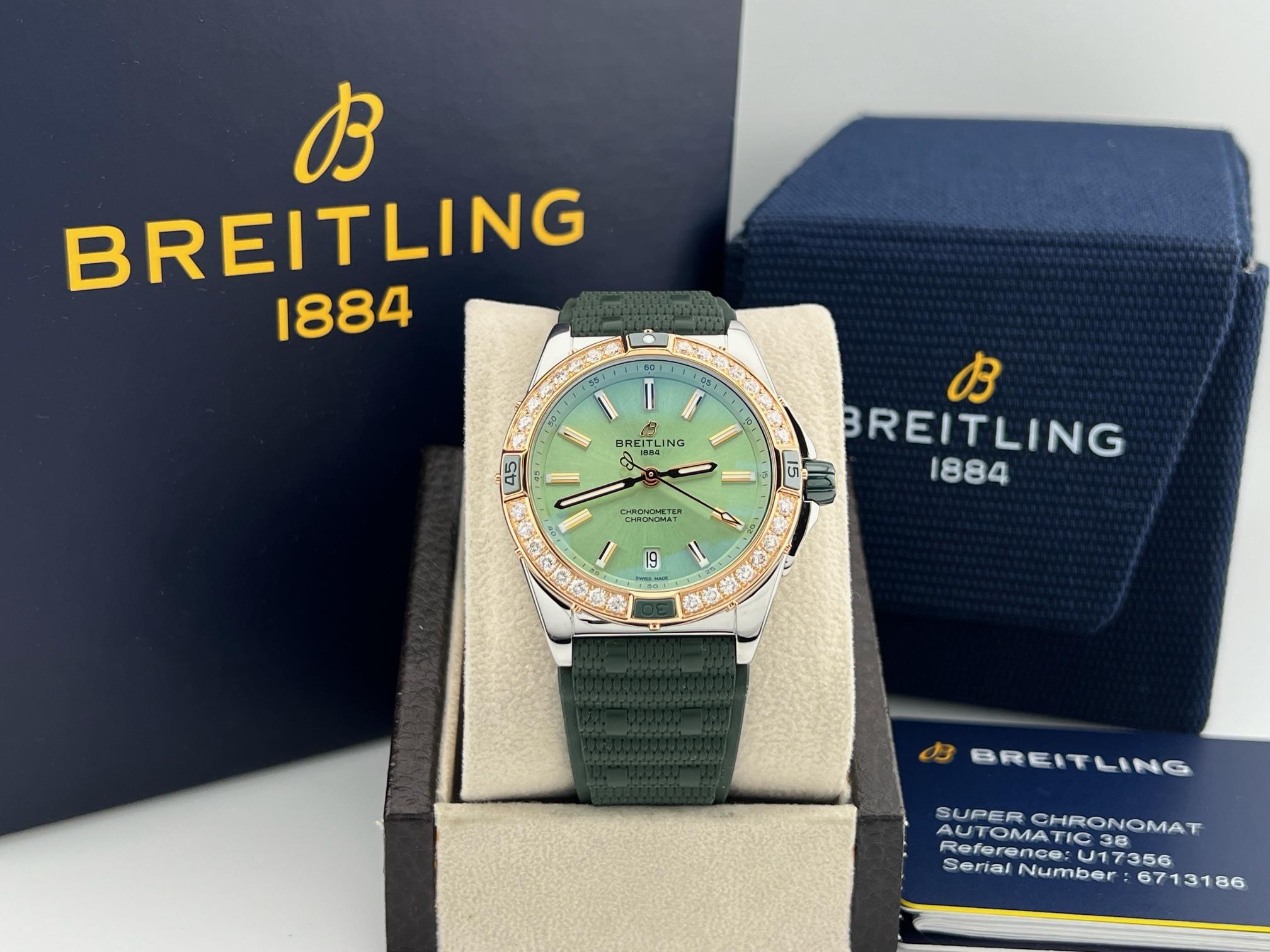 Numero di stile: U17356

Seriale: 671****

Anno: 2023
 
Model No: Breitling Super Chronomat
 
Materiale della cassa: Acciaio inossidabile
 
Banda: Gomma verde
 
Lunetta: lunetta con diamanti in oro rosa 18k
 
Quadrante: verde menta 
 
Cristallo: