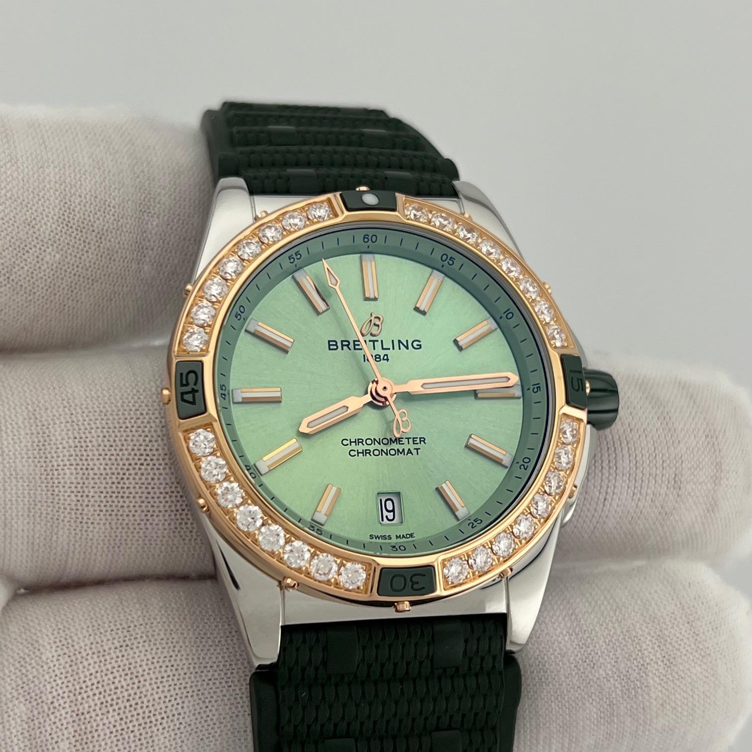 Uomo Breitling Super Chronomat U17356 38mm Quadrante Verde Menta 18k Acciaio Box Paper in vendita