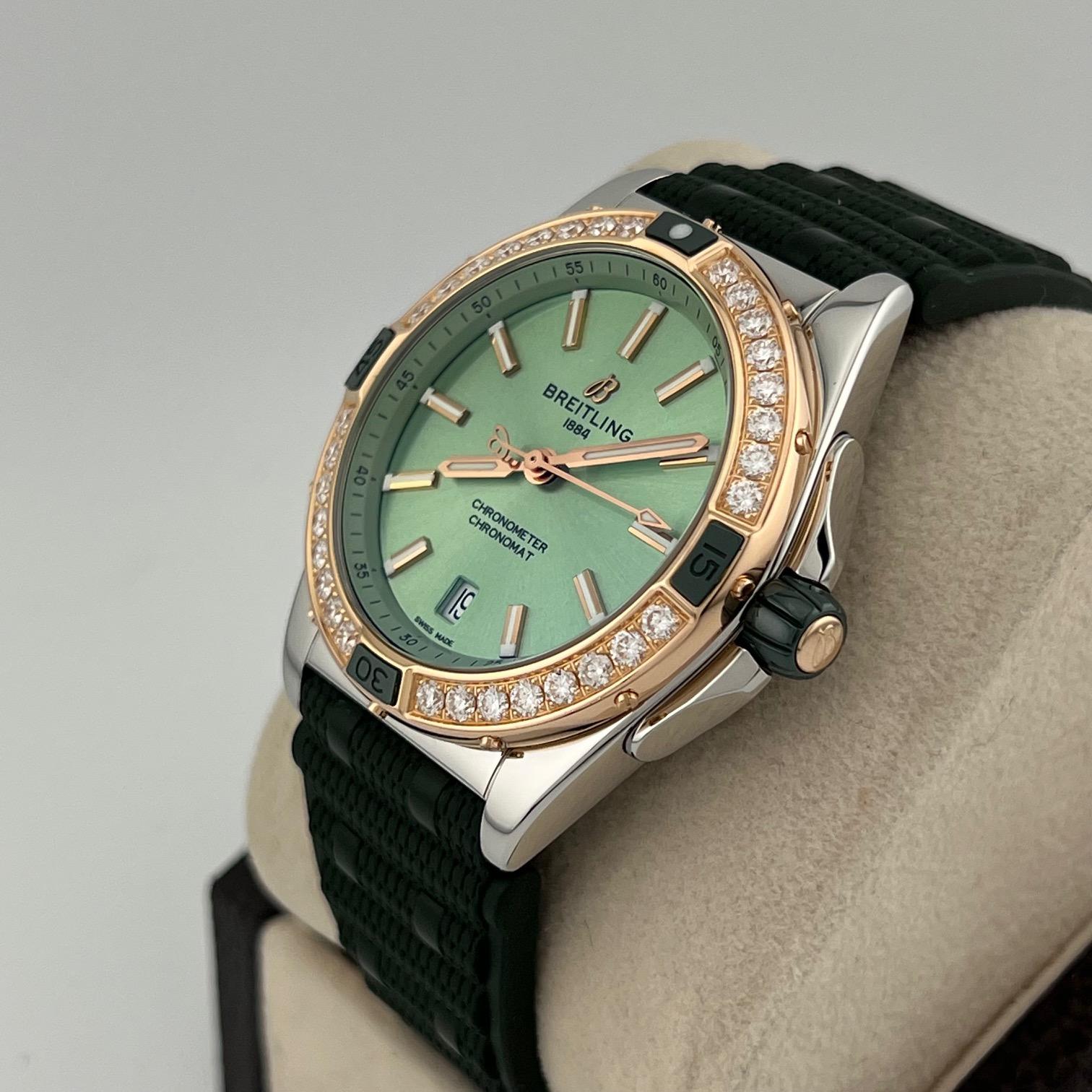 Breitling Super Chronomat U17356 38mm Quadrante Verde Menta 18k Acciaio Box Paper in vendita 4