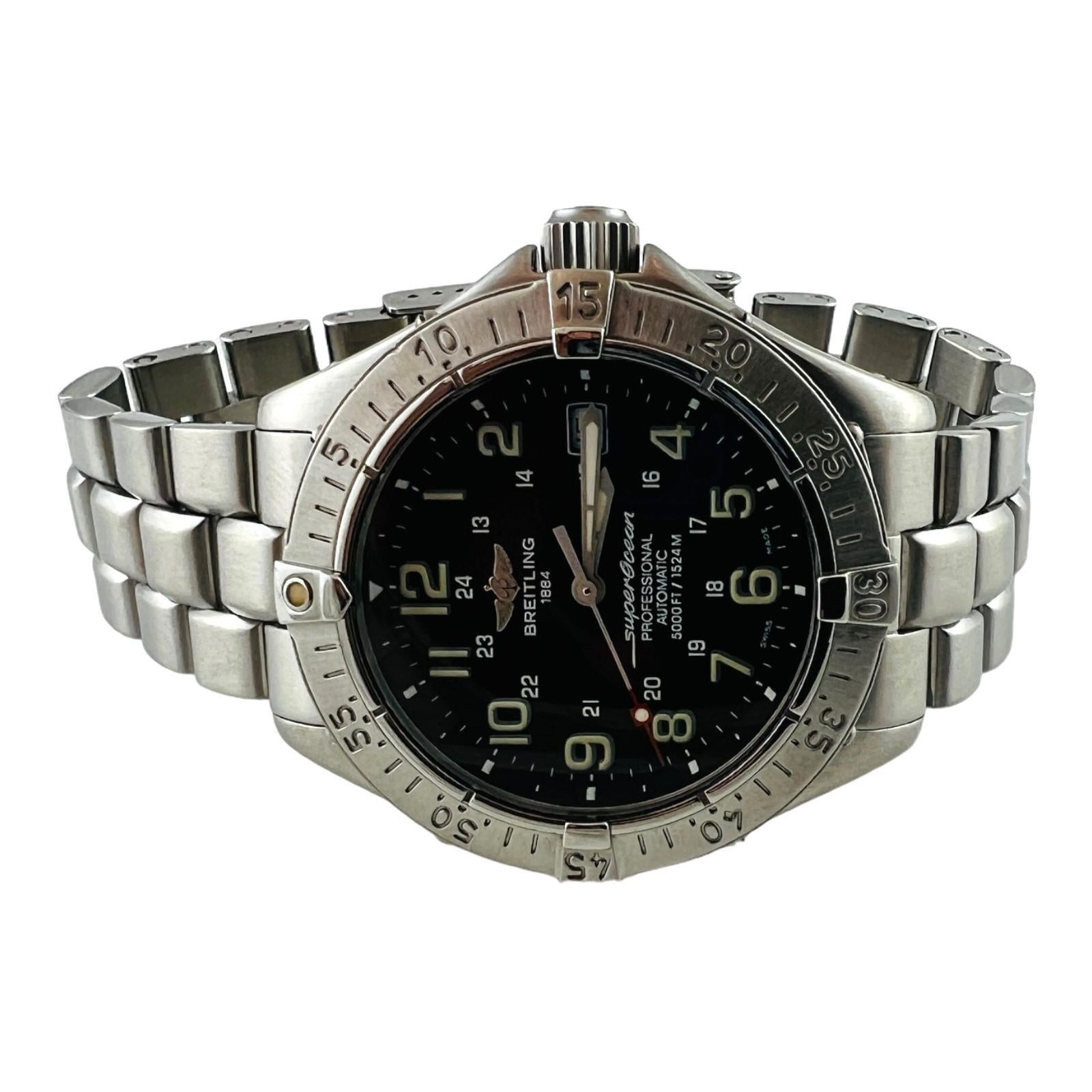 Breitling Super Ocean Men's Watch

Model: A17345
Serial : 168461

This Breitling watch is set in stainless steel

Case is 42mm

Automatic movement

Black Arabic dial

stainless steel band in very good condition with a slight stretch - fits up to