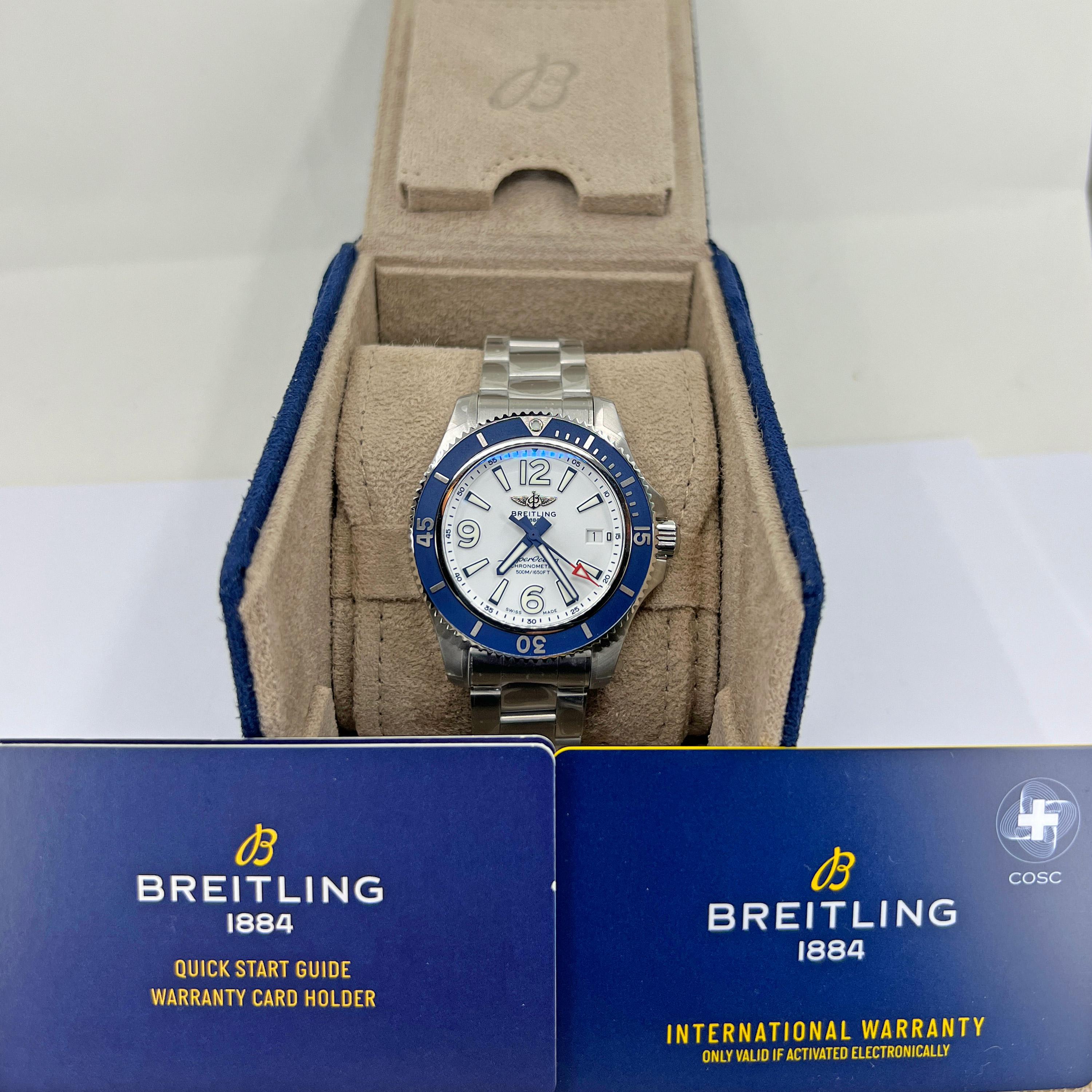 Breitling SUPEROCEAN AUTOMATIC 42 Stainless Steel - White Dial
42 mm Stainless Steel case. Unidirectional, ratcheted bezel. Cambered sapphire, glareproofed both sides crystal. Breitling 17 calibre, self-winding mechanical movement, 38 hours power