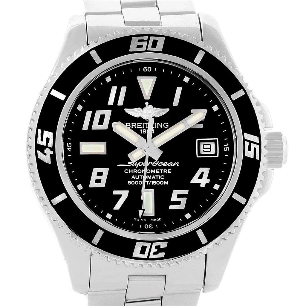 Breitling Superocean 42 Abyss Black Dial Steel Mens Watch A17364. Authomatic self-winding movement. Stainless steel case 42.0 mm in diameter. Stainless steel screwed-down crown and pushers. Stainless steel unidirectional revolving bezel. 0-60