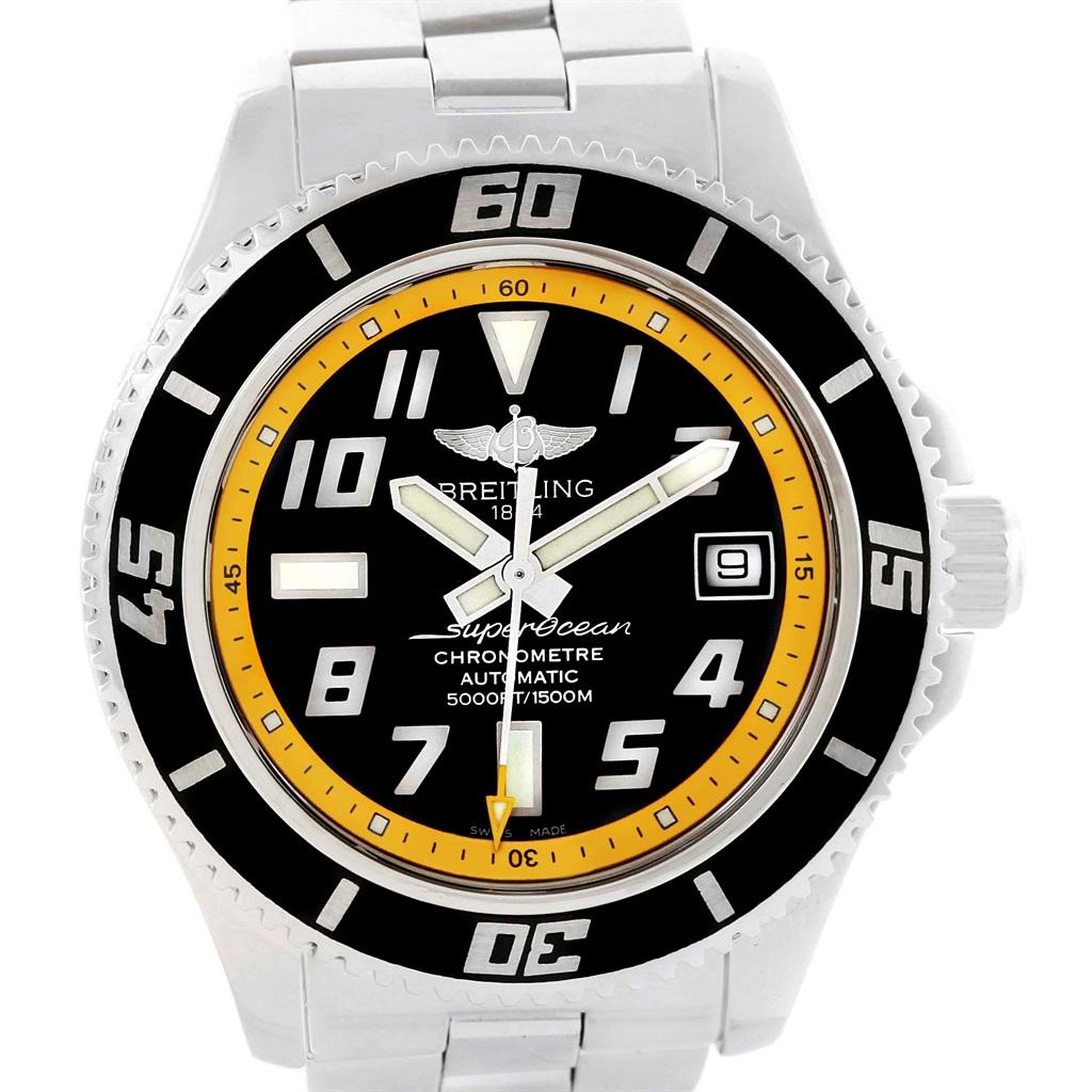 Breitling Superocean 42 Abyss Black Yellow Automatic Mens Watch A17364. Authomatic self-winding movement. Stainless steel case 42.0 mm in diameter. Stainless steel screwed-down crown and pushers. Stainless steel unidirectional revolving bezel. 0-60