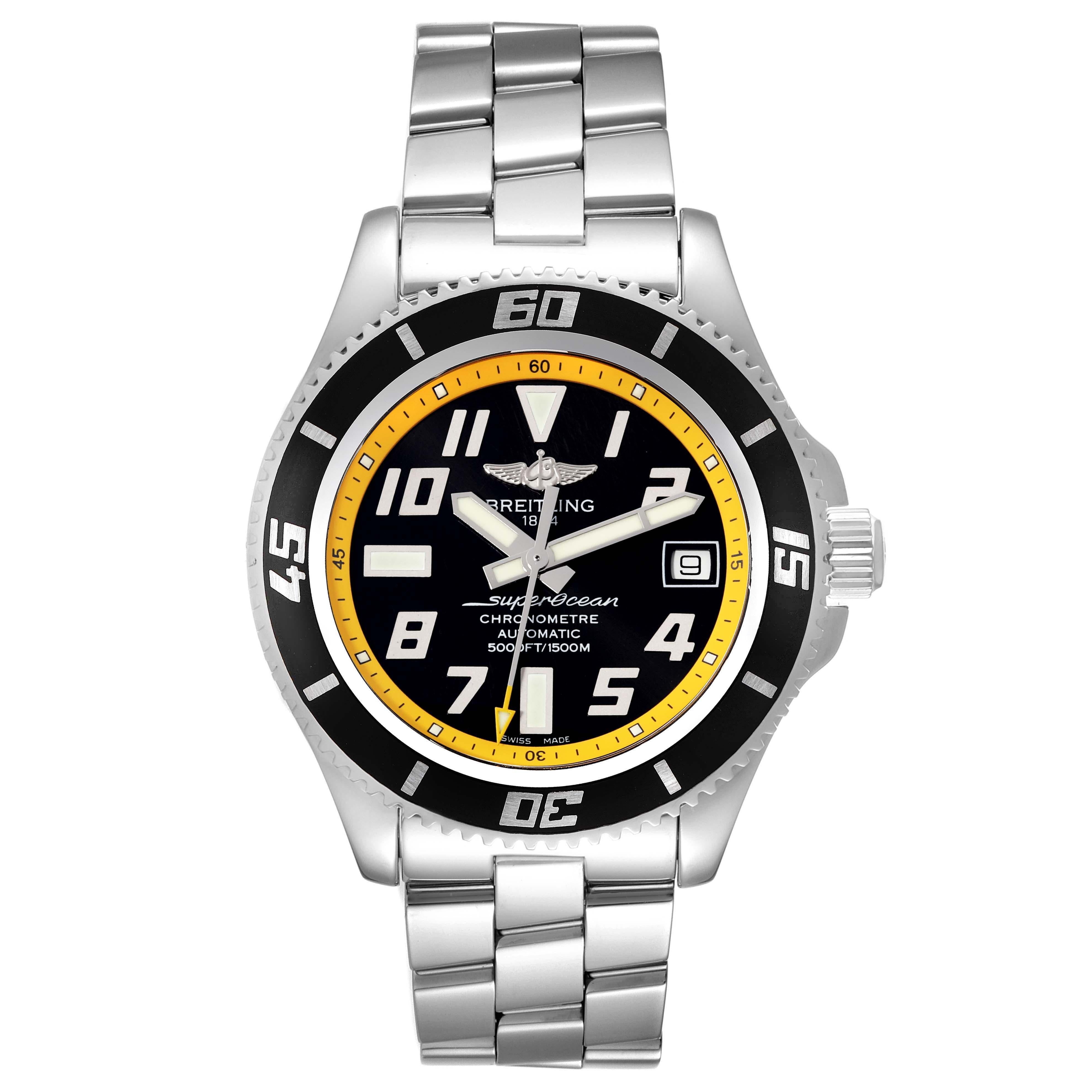 Breitling Superocean 42 Abyss Black Yellow Dial Steel Watch A17364 Box Papers In Excellent Condition In Atlanta, GA
