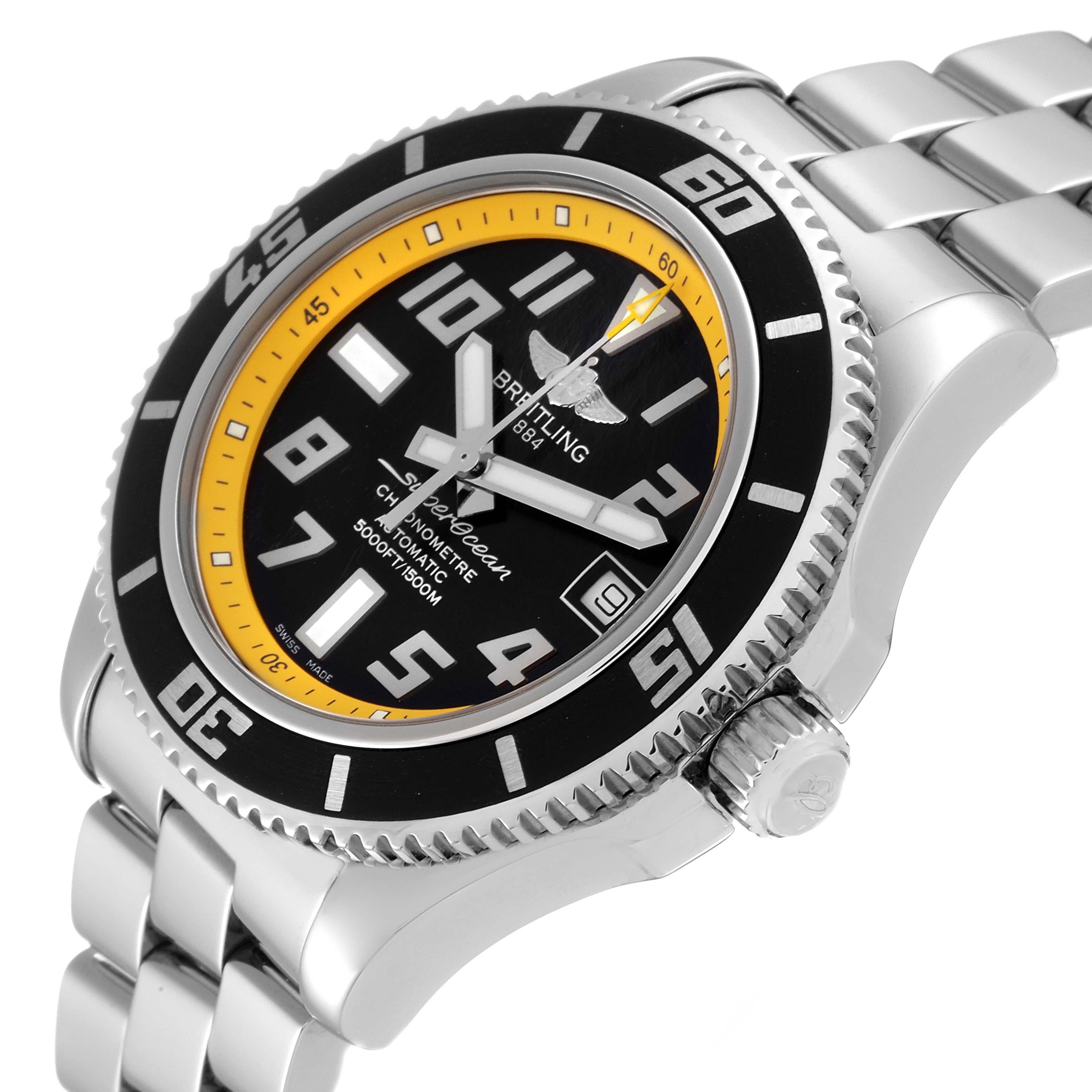 Men's Breitling Superocean 42 Abyss Black Yellow Dial Steel Watch A17364 Box Papers
