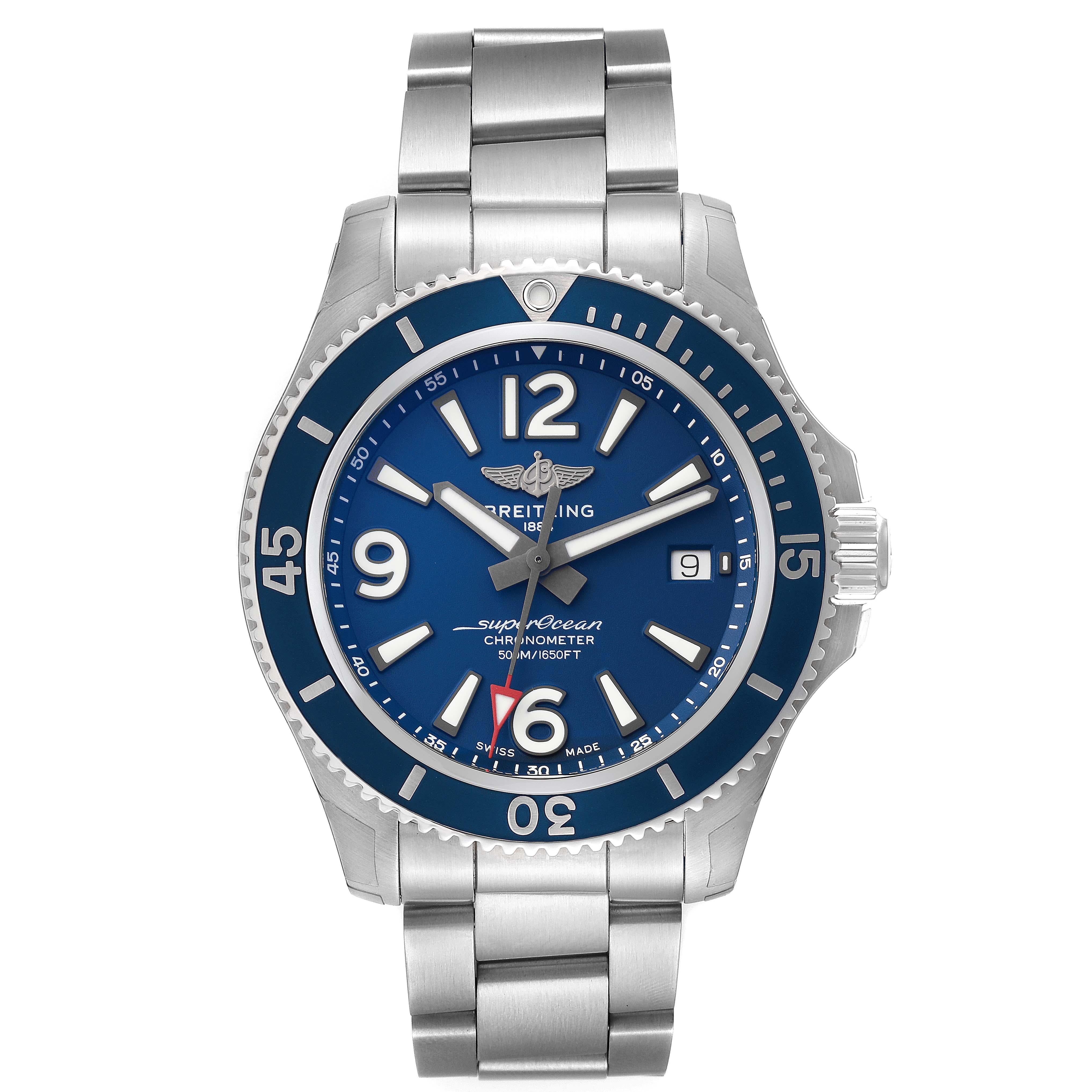 Breitling Superocean 42 Blue Dial Steel Mens Watch A17366 Unworn. Automatic self-winding movement. Stainless steel case 42.0 mm in diameter. Stainless steel screwed-down crown. Blue stainless steel unidirectional revolving bezel. 0-60 elapsed-time.