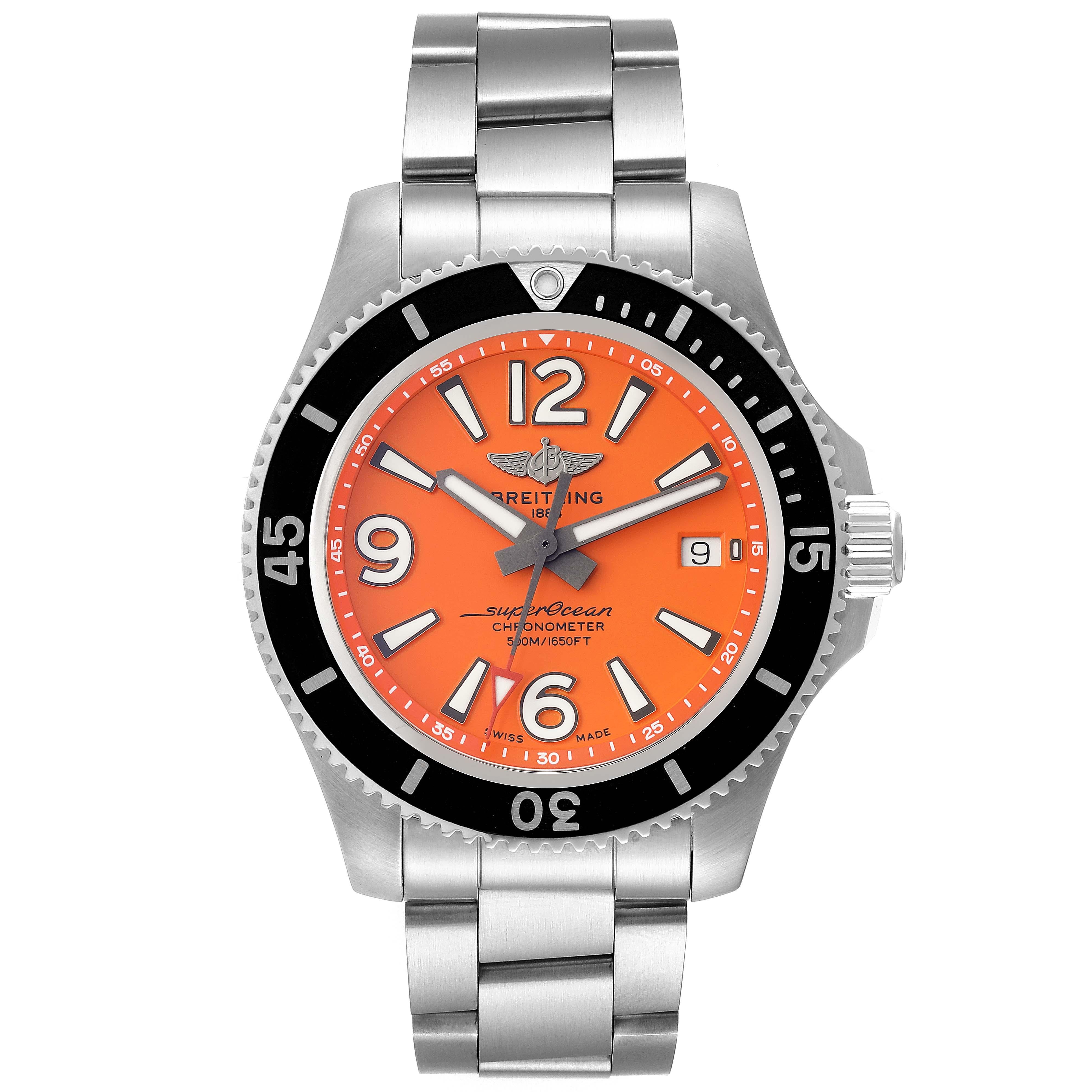 Breitling Superocean 42 Orange Dial Steel Mens Watch A17366 Box Card. Authomatic self-winding movement. Stainless steel case 42.0 mm in diameter. Stainless steel screwed-down crown. Black stainless steel unidirectional revolving bezel. 0-60