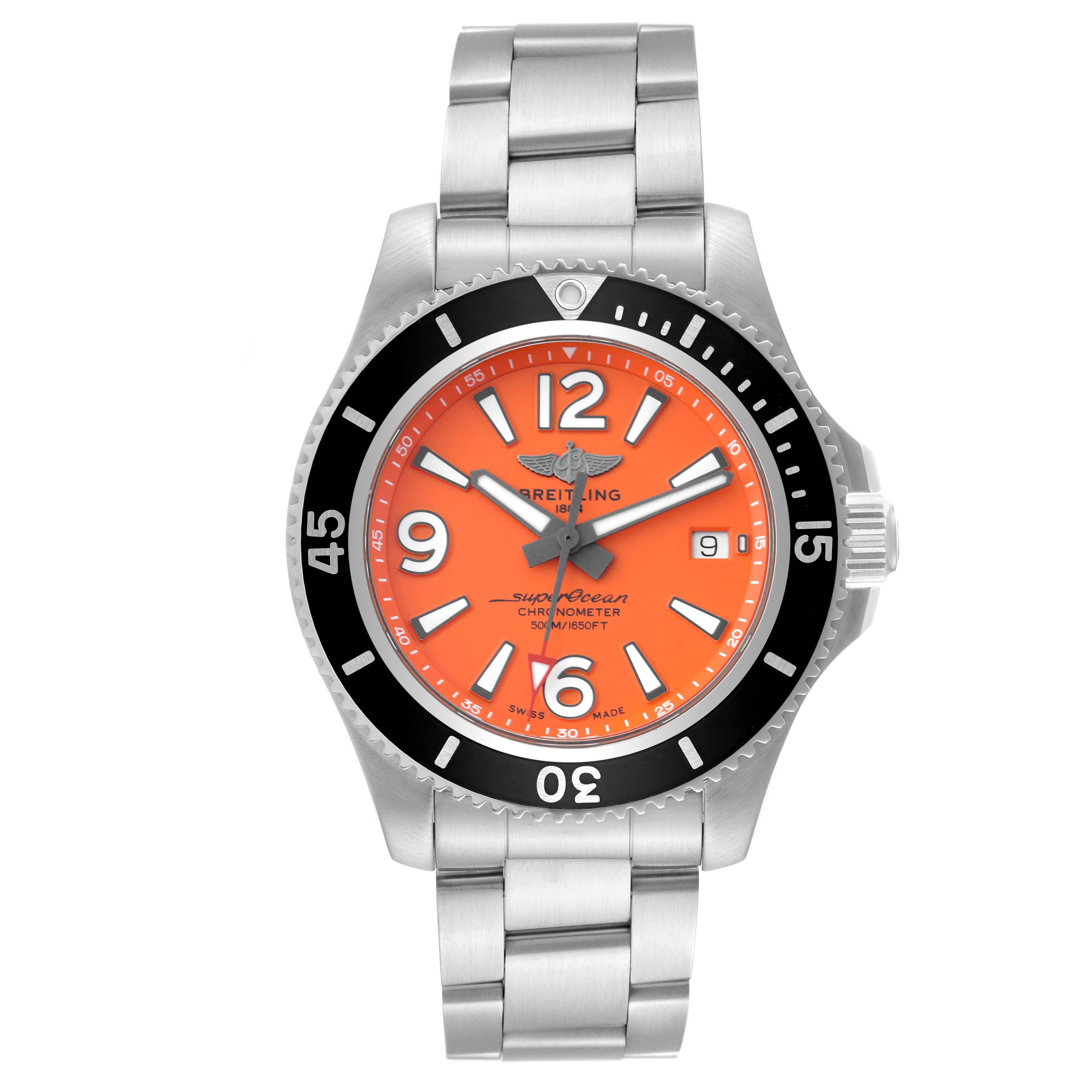 Breitling Superocean 42 Orange Dial Steel Mens Watch A17366 Box Card. Automatic self-winding movement. Stainless steel case 42.0 mm in diameter. Stainless steel screwed-down crown. Black stainless steel unidirectional revolving bezel. 0-60