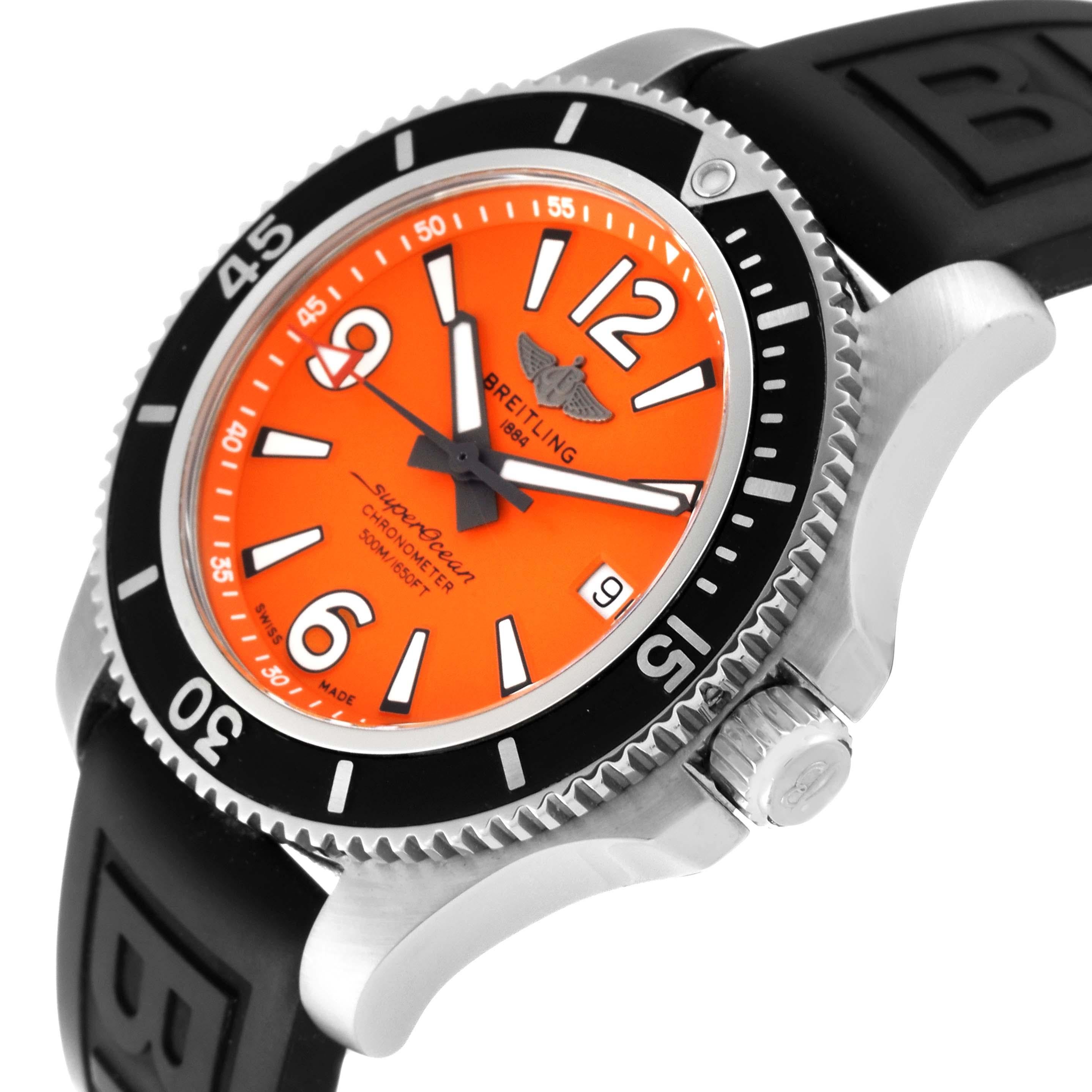 Men's Breitling Superocean 42 Orange Dial Steel Mens Watch A17366 Box Card For Sale