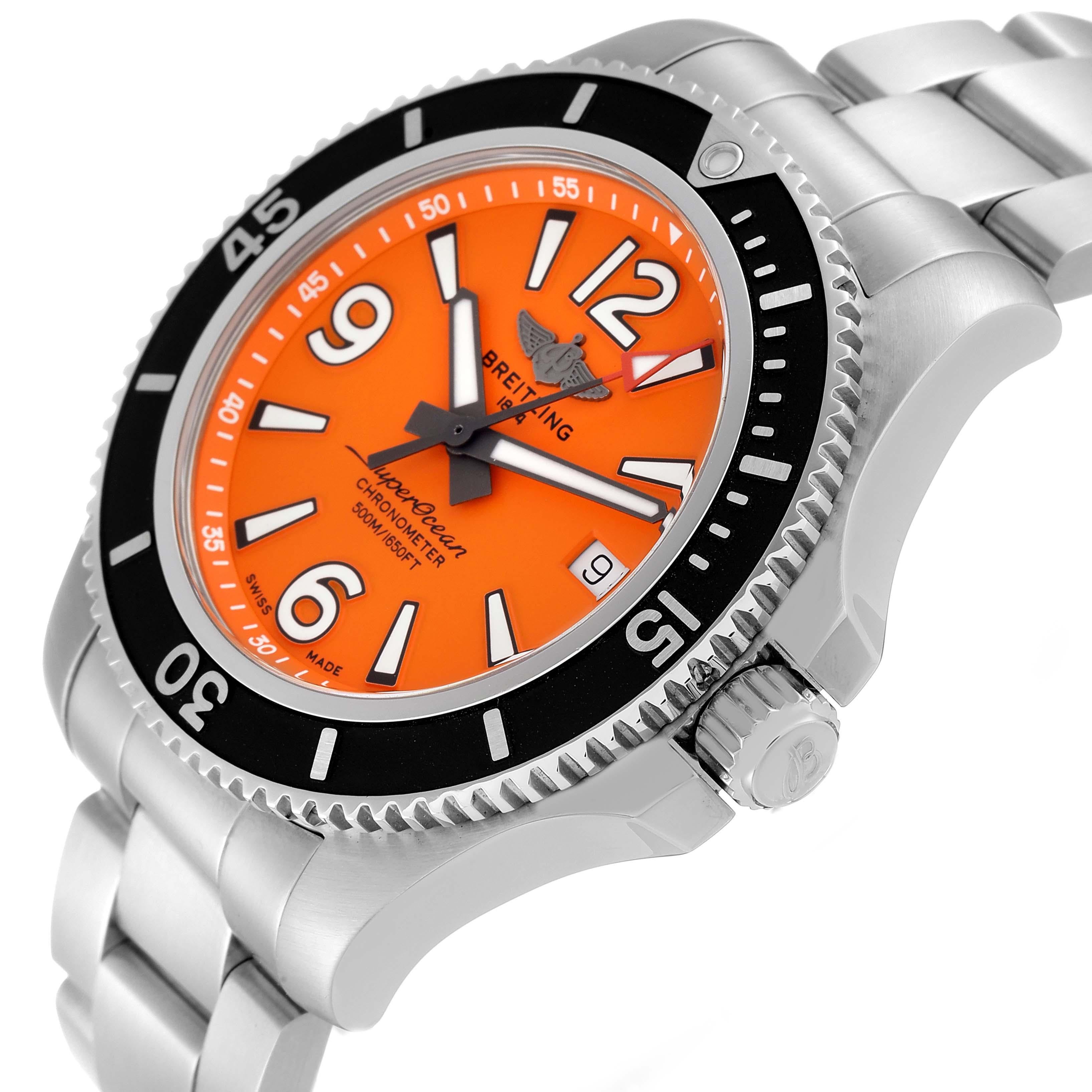 Men's Breitling Superocean 42 Orange Dial Steel Mens Watch A17366 Box Card For Sale