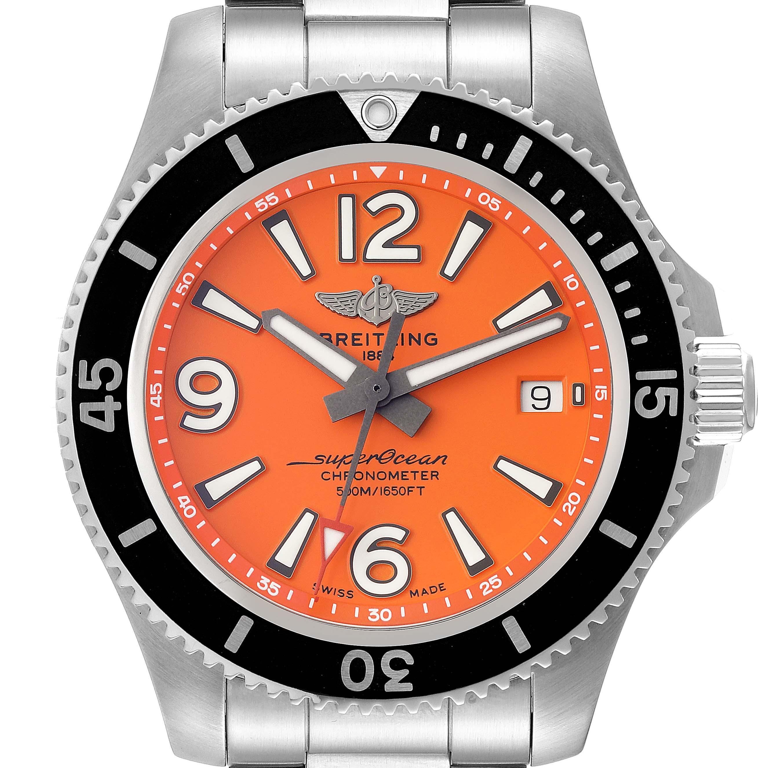 Breitling Superocean 42 Orange Dial Steel Mens Watch A17366 Box Card For Sale